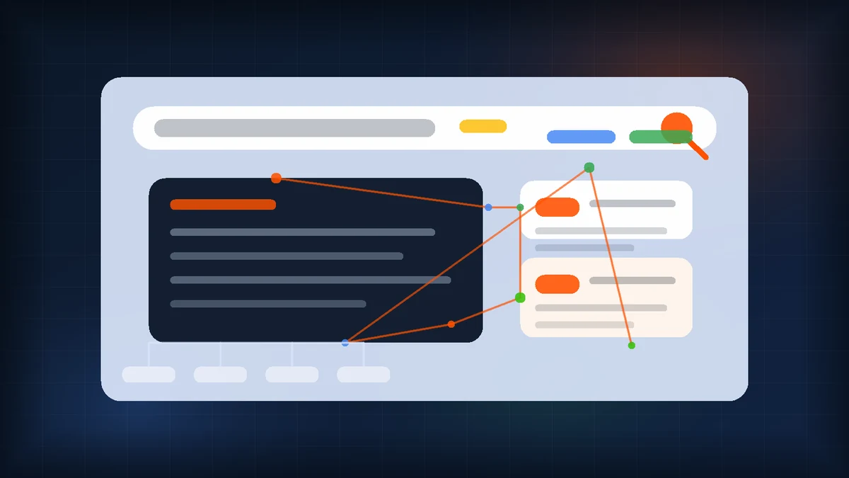 Ilustración editorial sobre Google AI Search con una interfaz de búsqueda conversacional, respuestas de IA y tarjetas de anuncios conectadas.