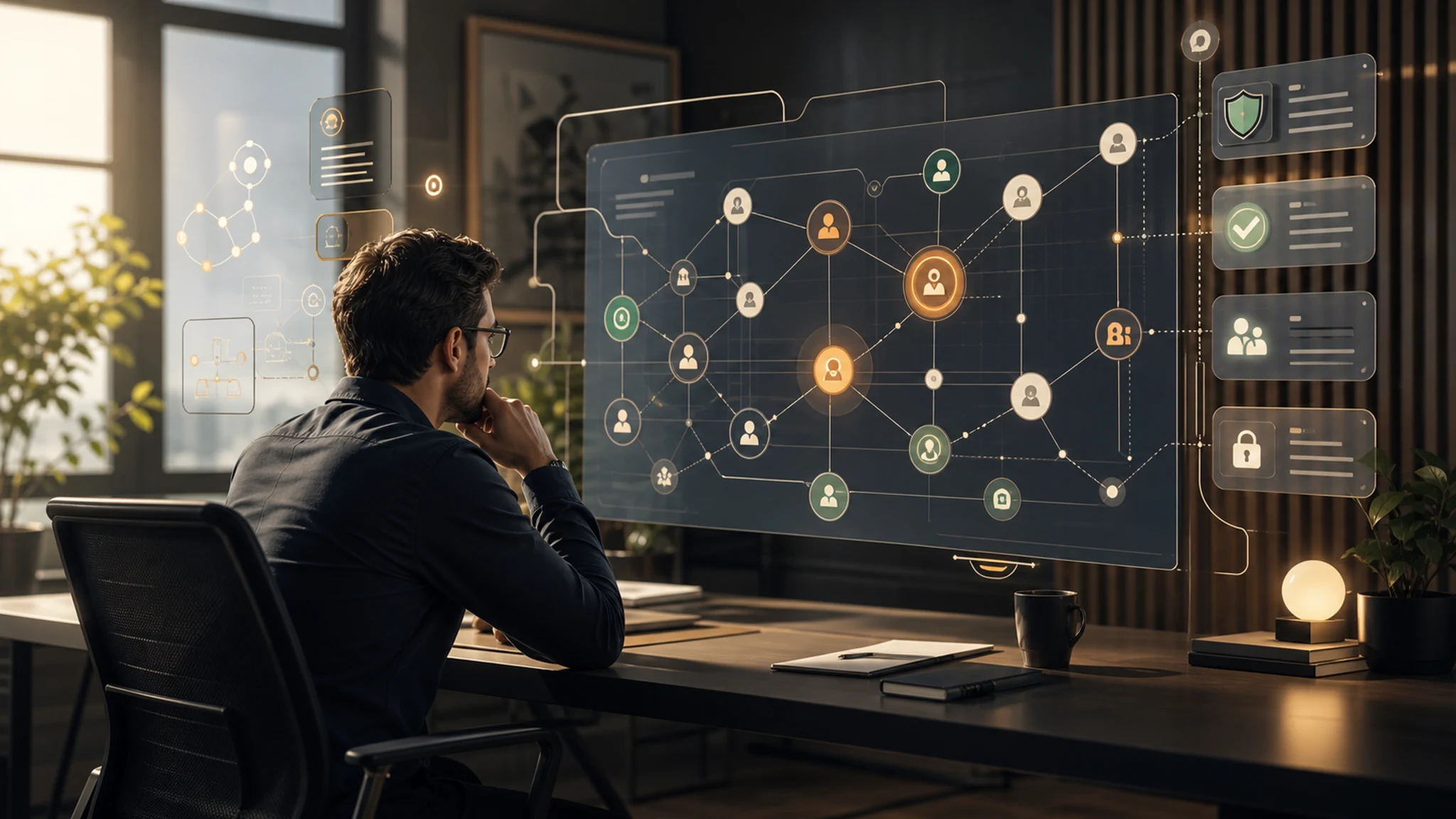 Estratega revisando un mapa de agentes de IA conectados con controles de seguridad, permisos y monitoreo.