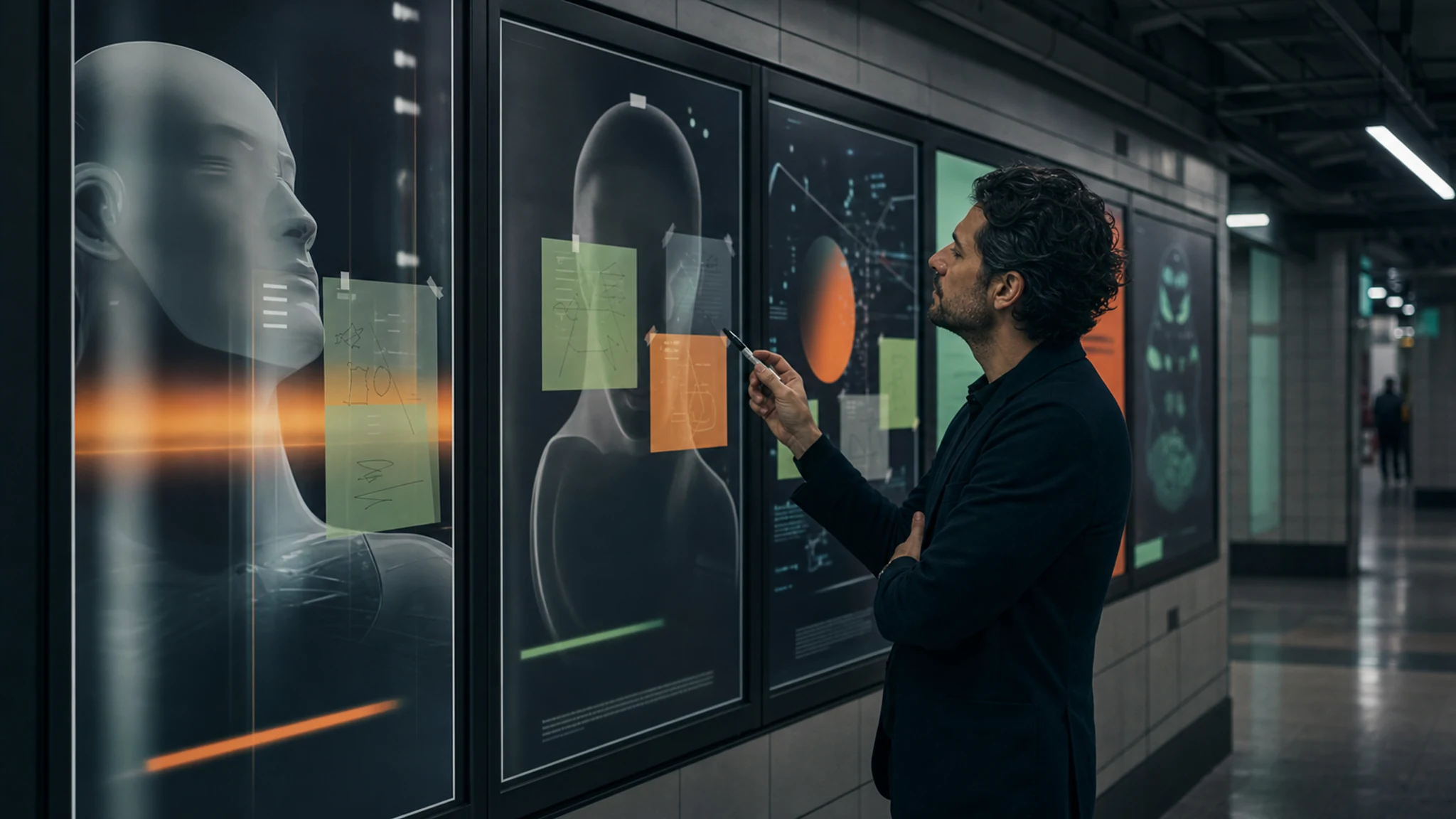 Director creativo revisando anuncios con IA genéricos en una estación de metro futurista
