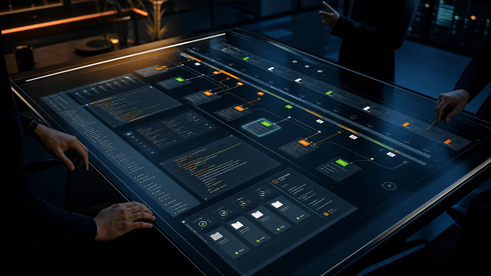 Equipo revisando un dashboard vivo generado con IA sobre una mesa interactiva de trabajo compartido.