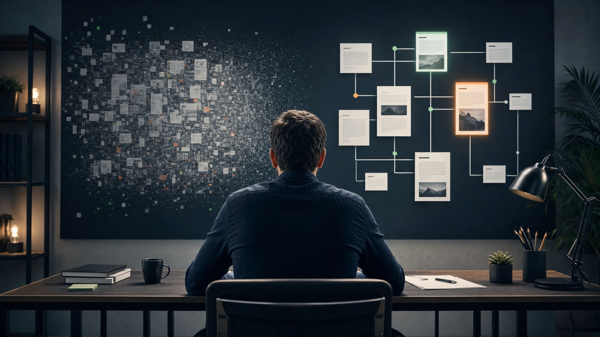 Estratega revisando un mapa de contenido SEO con páginas débiles y páginas claras conectadas