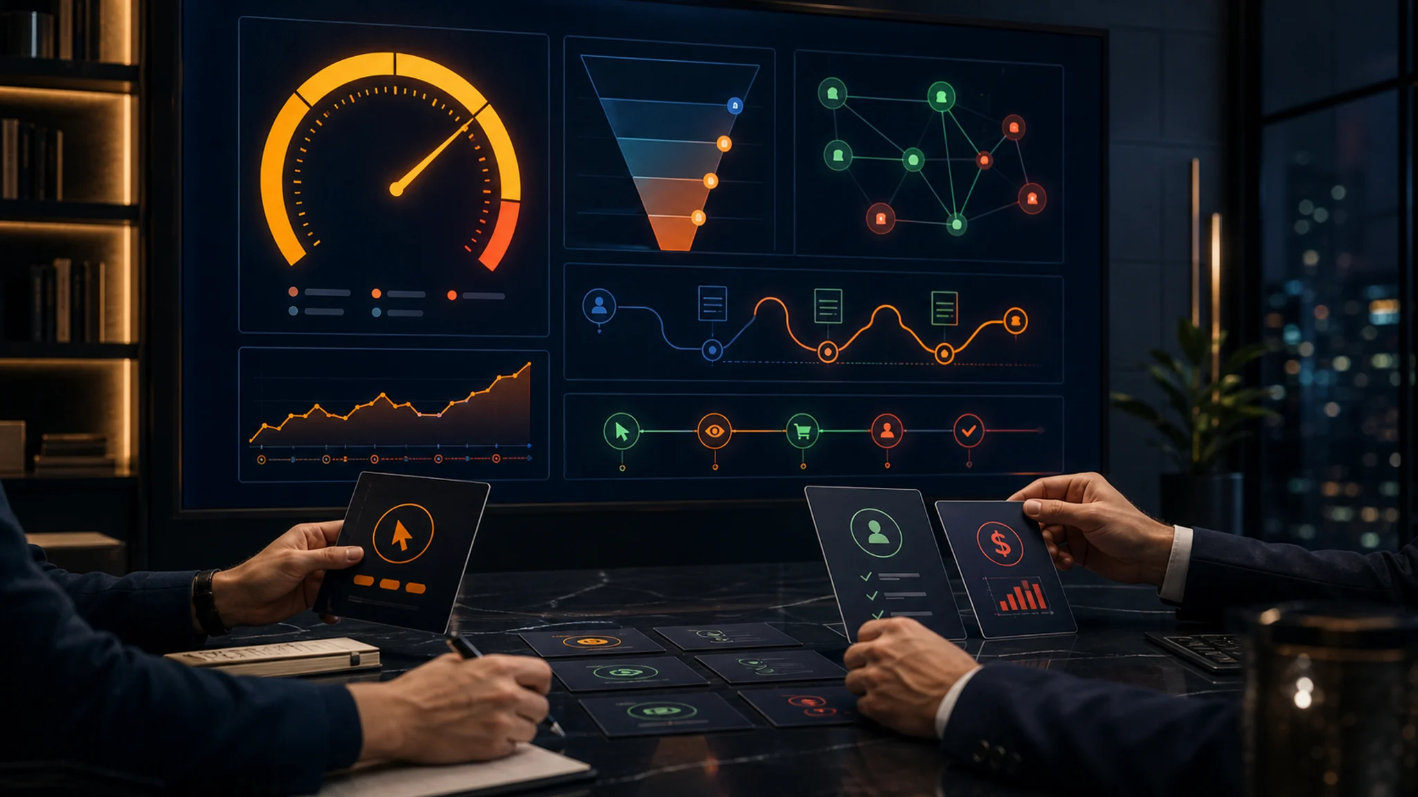 Dashboard de marketing que compara CTR alto en anuncios con conversión, calidad de leads y revenue.