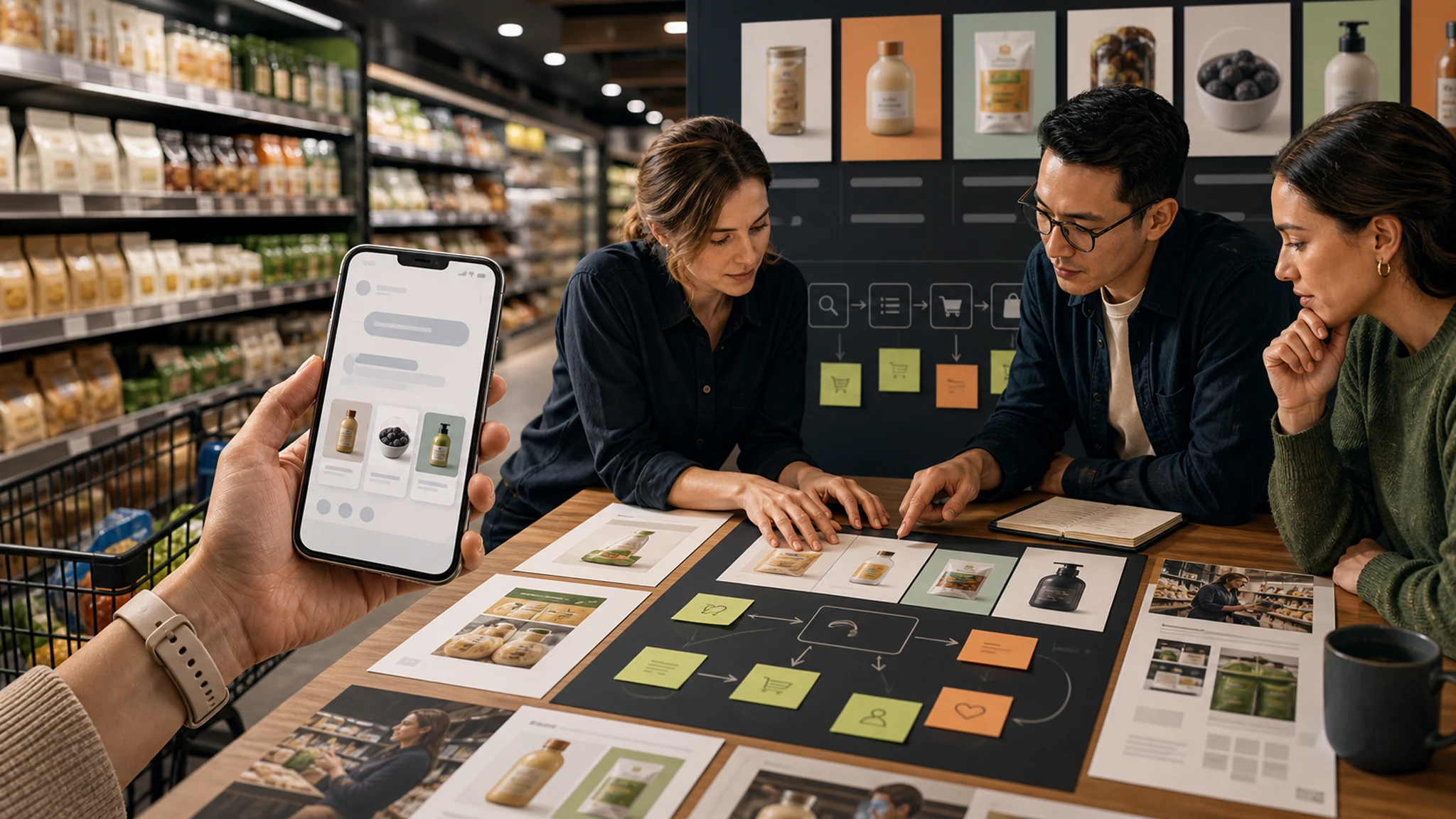 Estrategia de búsqueda con IA para productos patrocinados en retail, con interfaz conversacional y anaqueles.