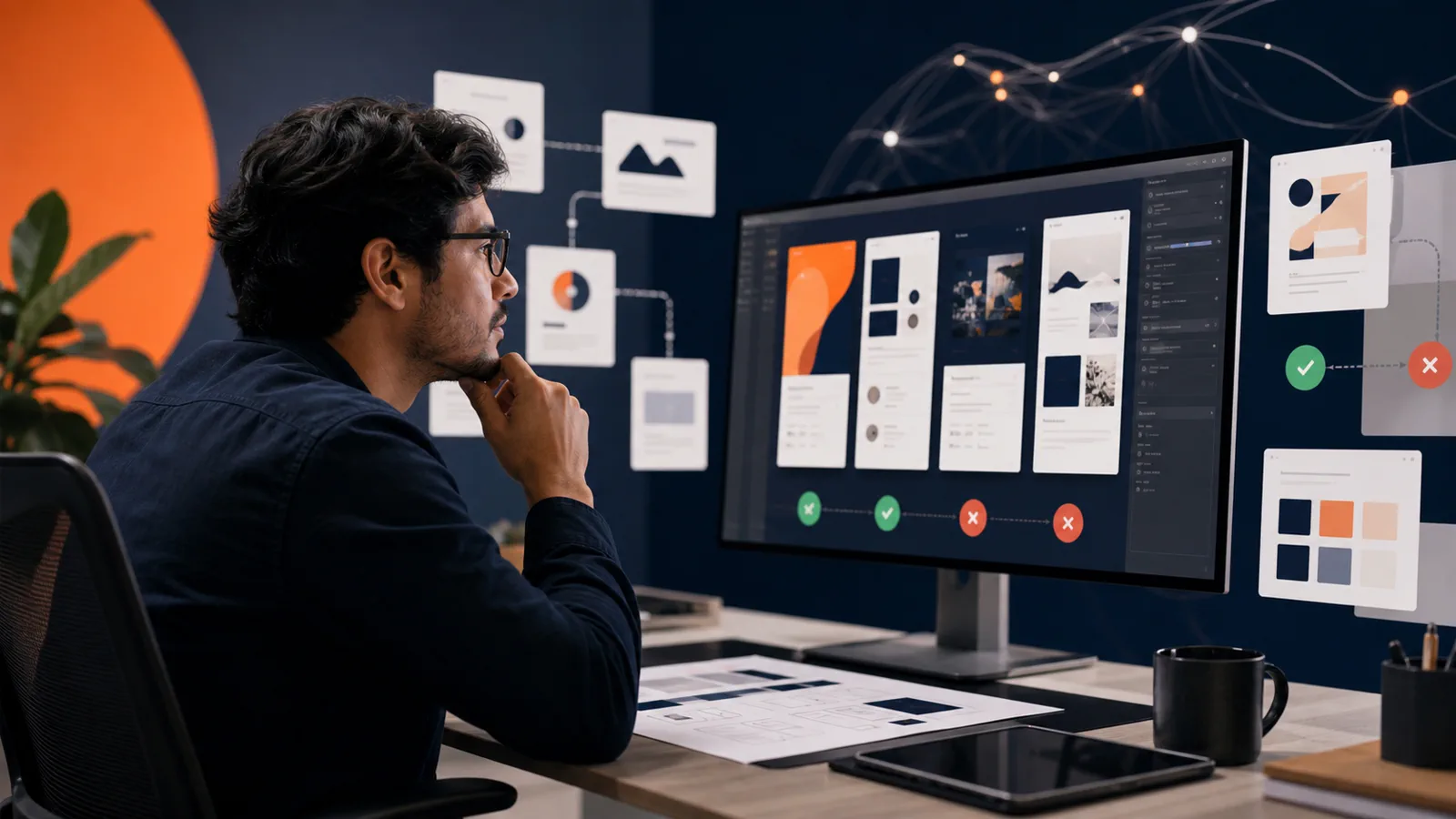 Diseñador revisando interfaces generadas con IA y criterios de decisión UX