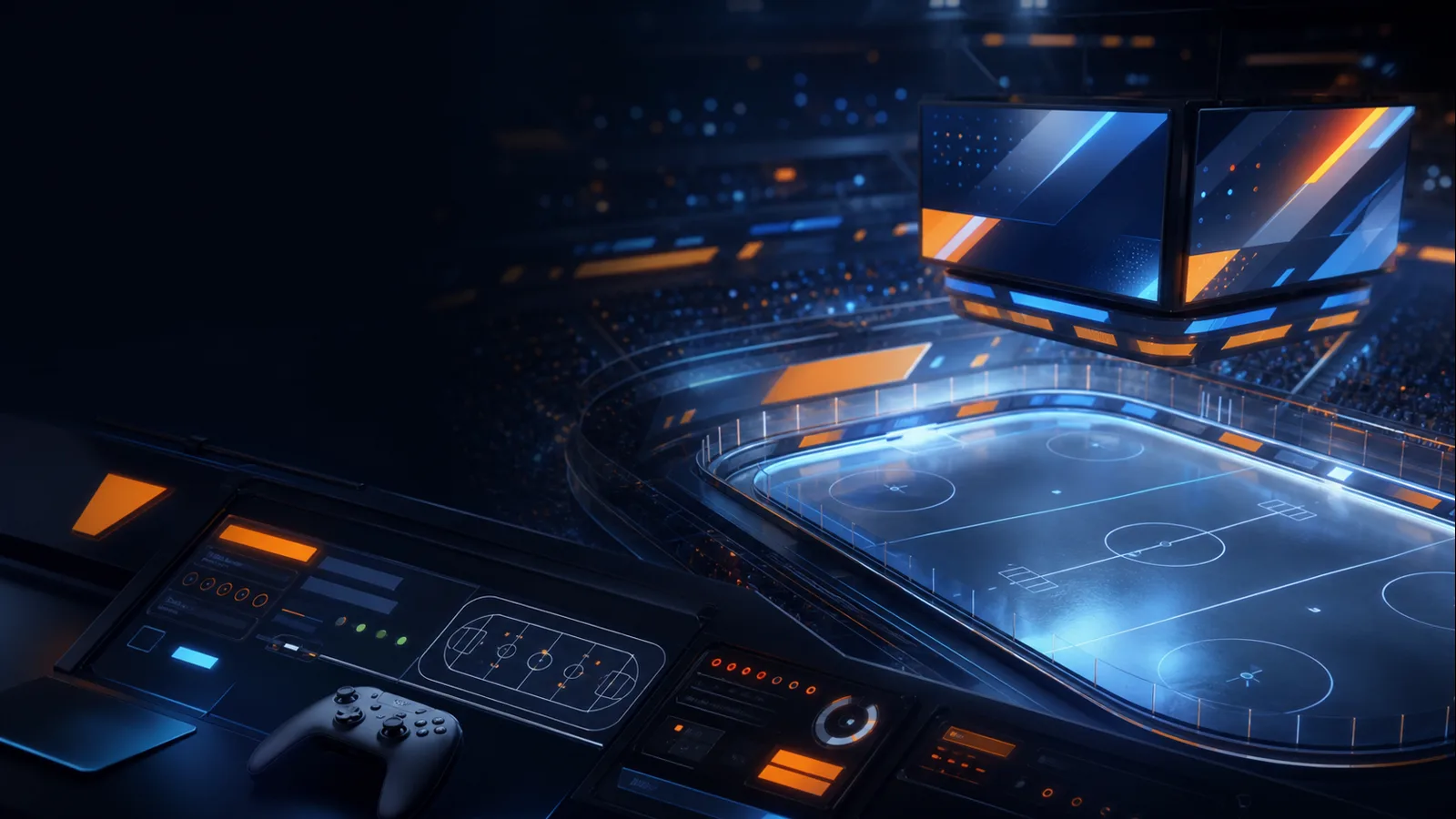 Publicidad en videojuegos integrada en una arena deportiva digital con tableros y overlays de marca.