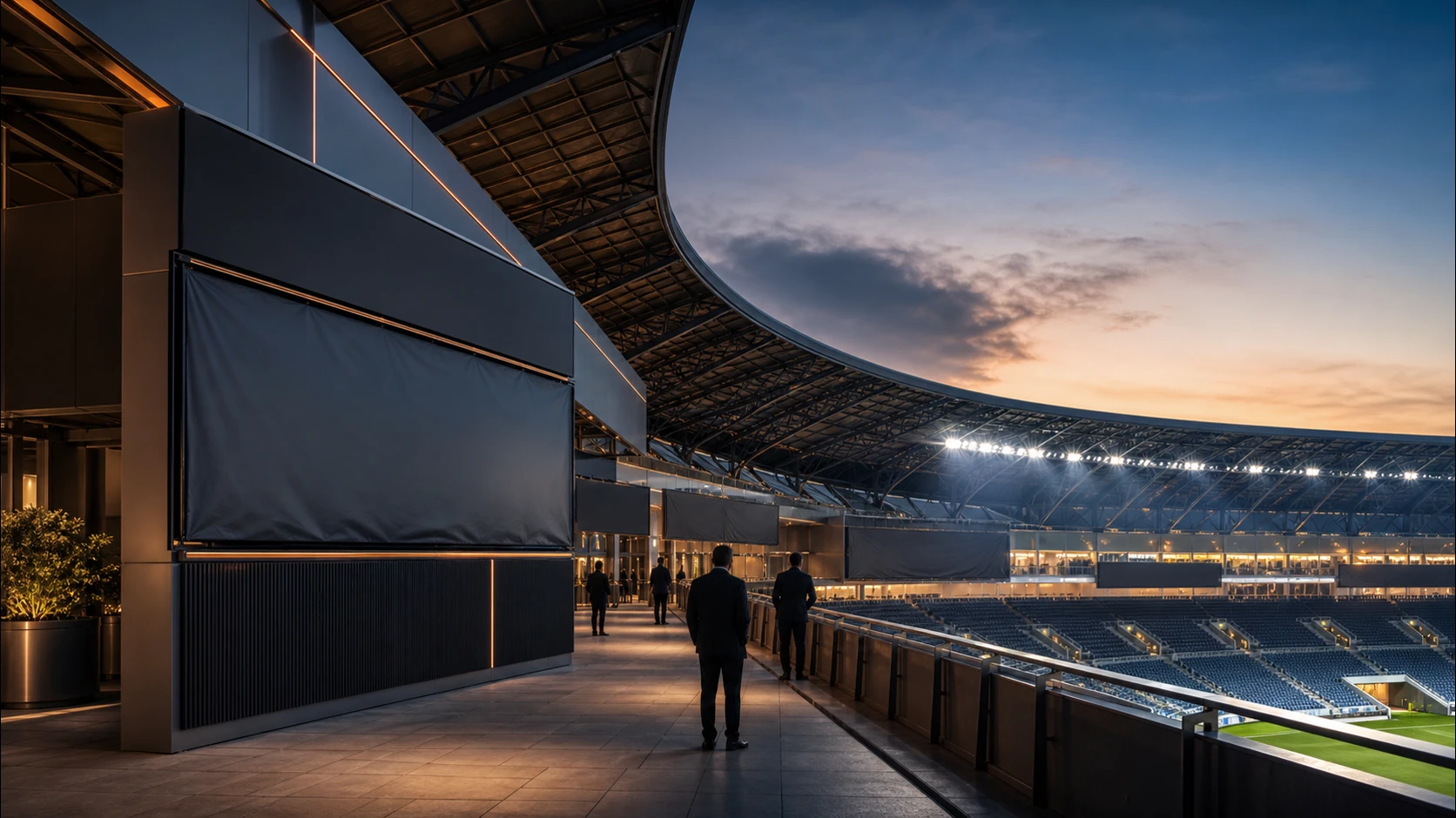 Estadio mundialista con señalética neutral que representa el borrado temporal de naming rights por FIFA.