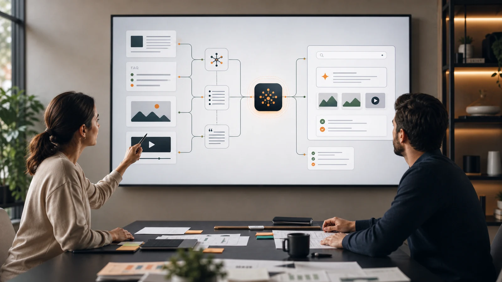 Equipo revisando una estrategia de contenido para búsquedas con IA generativa en Google Search.
