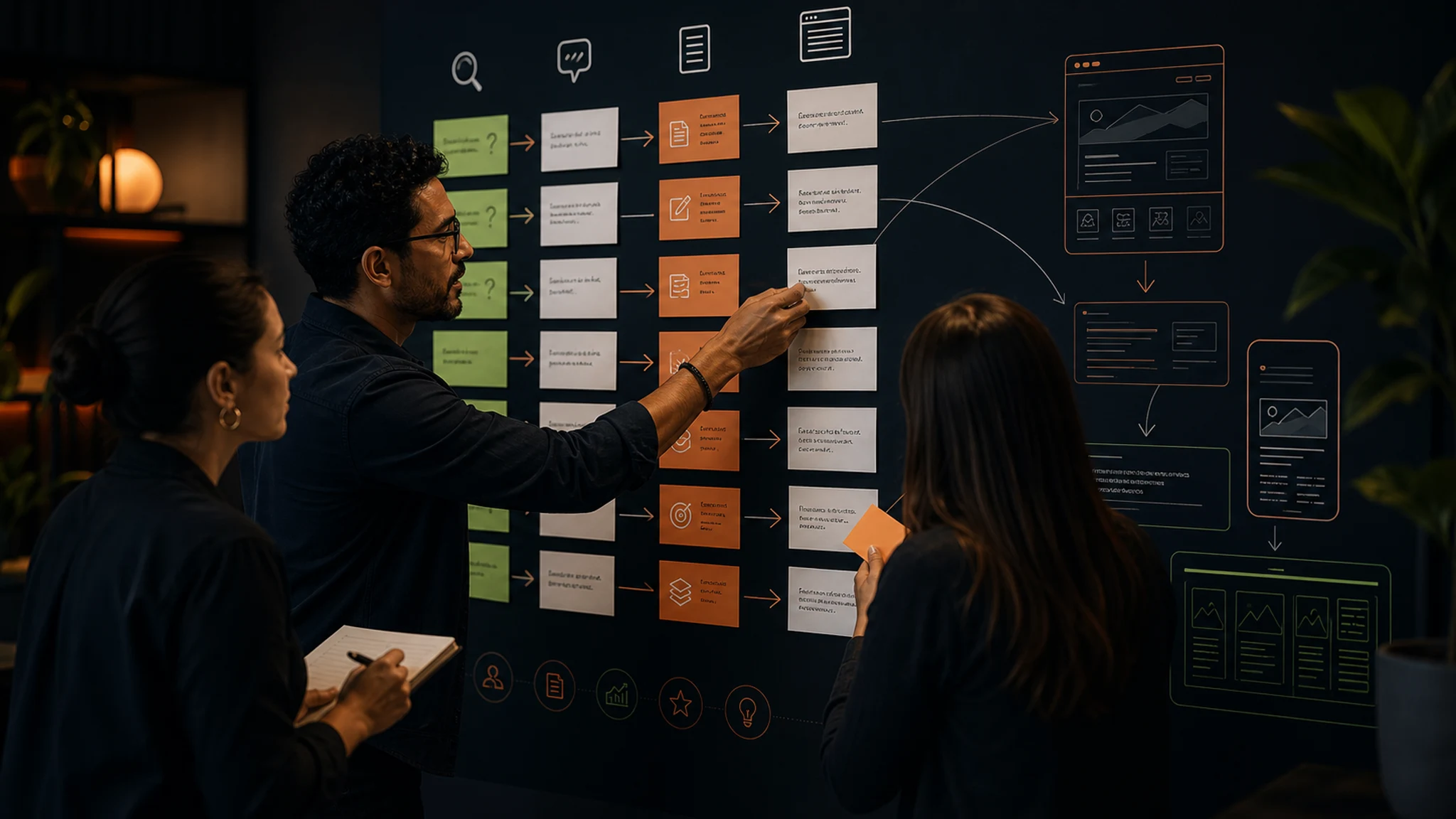 Equipo de marca organizando prompts de compra para convertirlos en contenido, landings y FAQs.