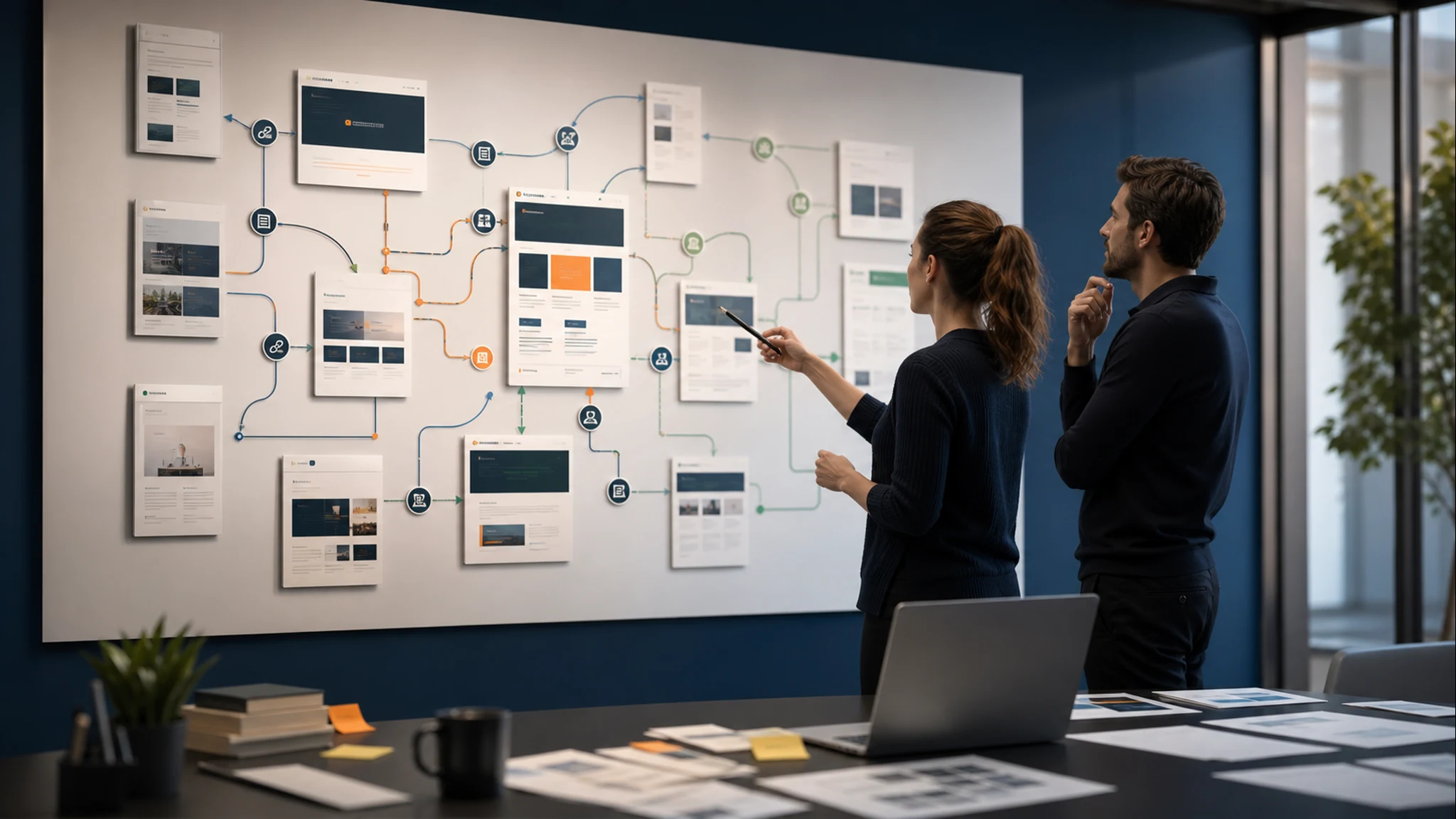 Equipo revisando una arquitectura de contenido web para SEO de agentes de IA.