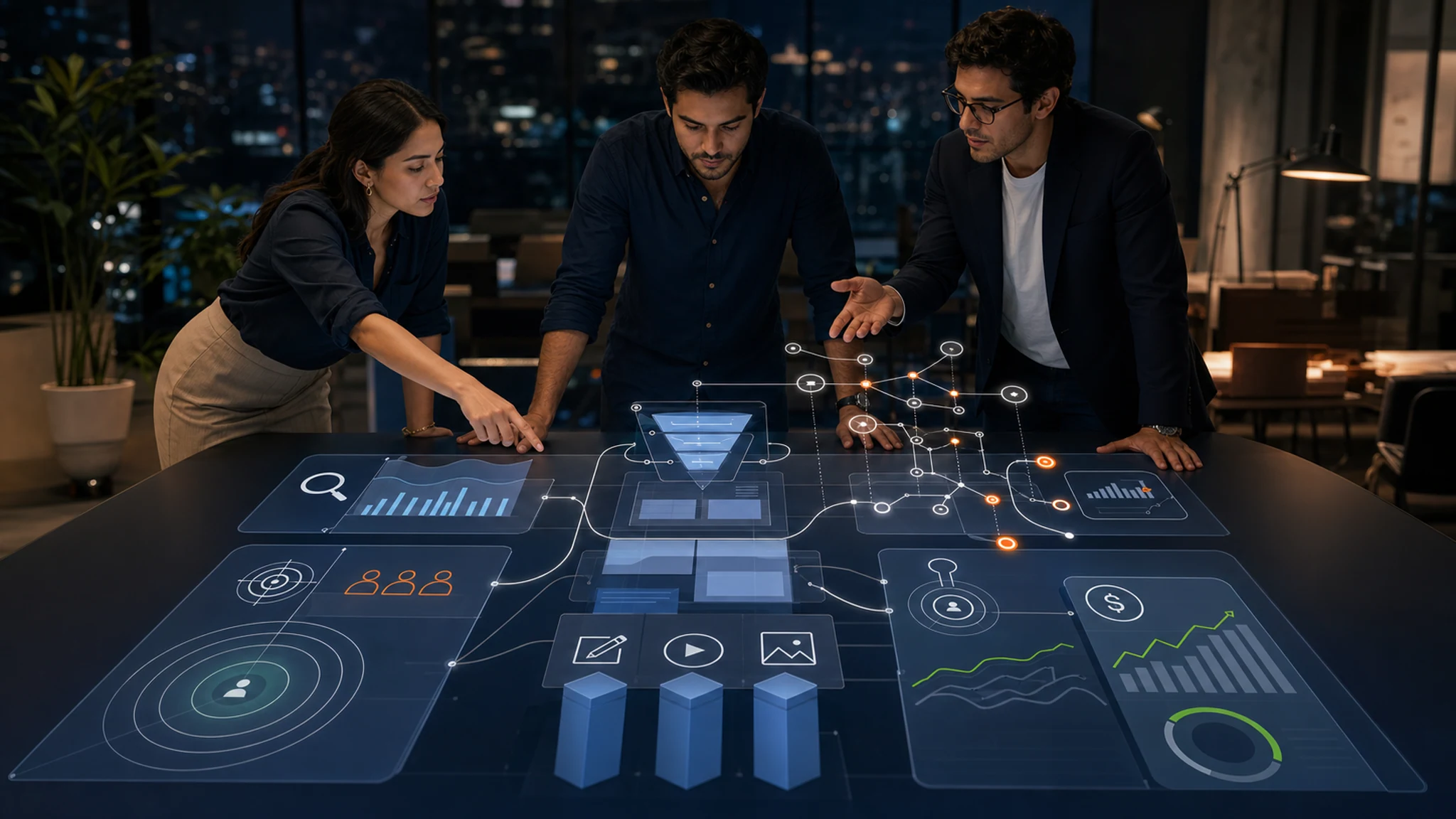 Equipo de estrategia alineando SEO PPC y contenido en un brief integrado para AI Search