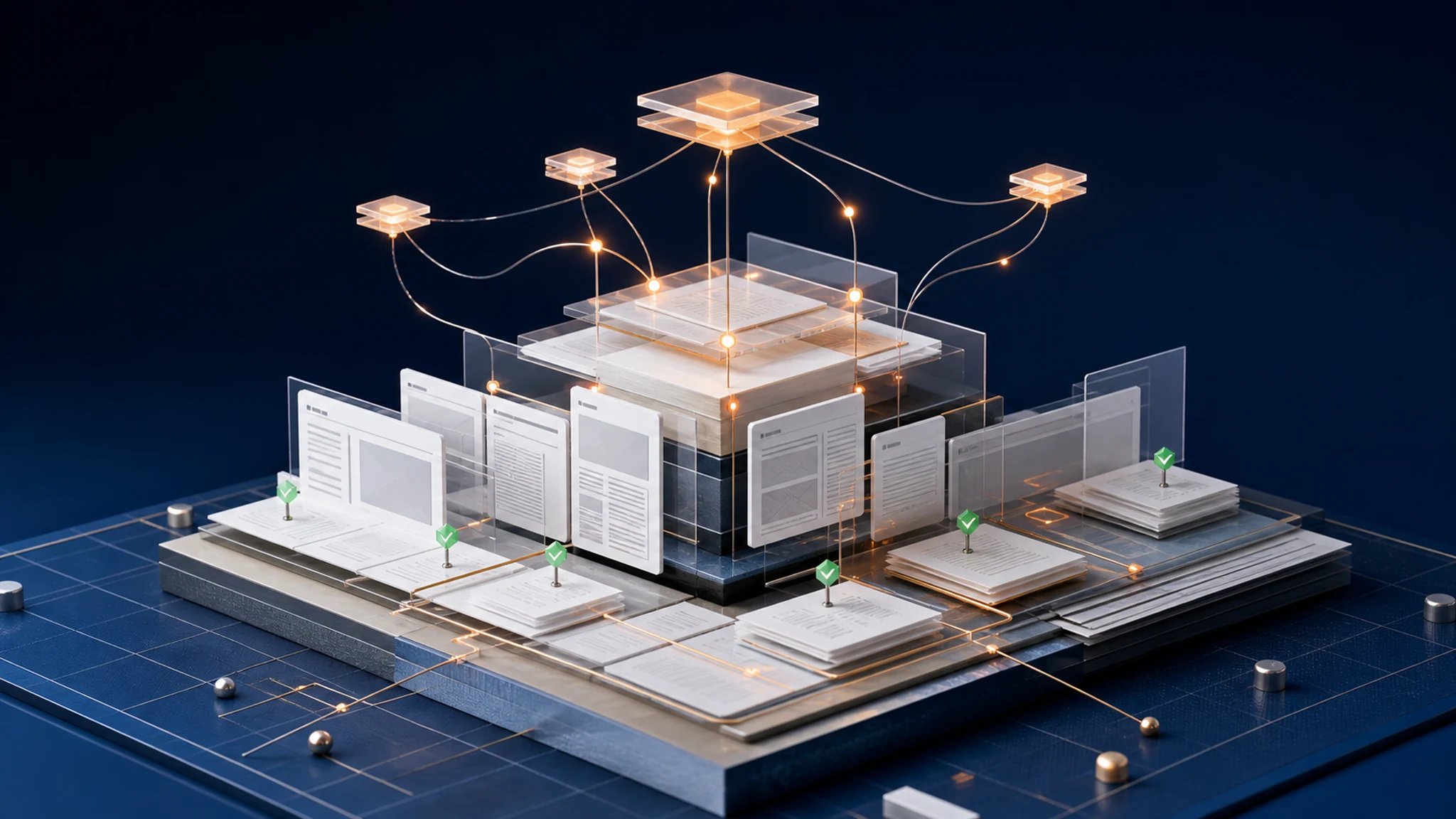 Arquitectura visual de AI Search y SEO con páginas estructuradas, fuentes confiables y conexiones de búsqueda sobre una base sólida.