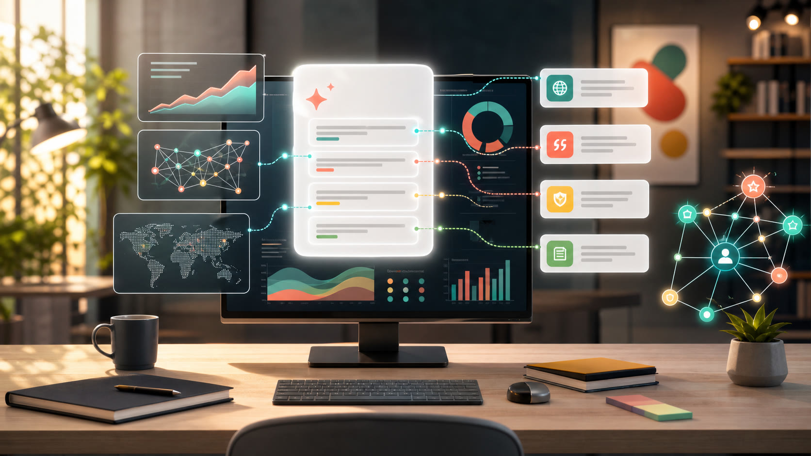 Dashboard de AI Search con citaciones, graficas de visibilidad y señales de confianza para resultados GEO