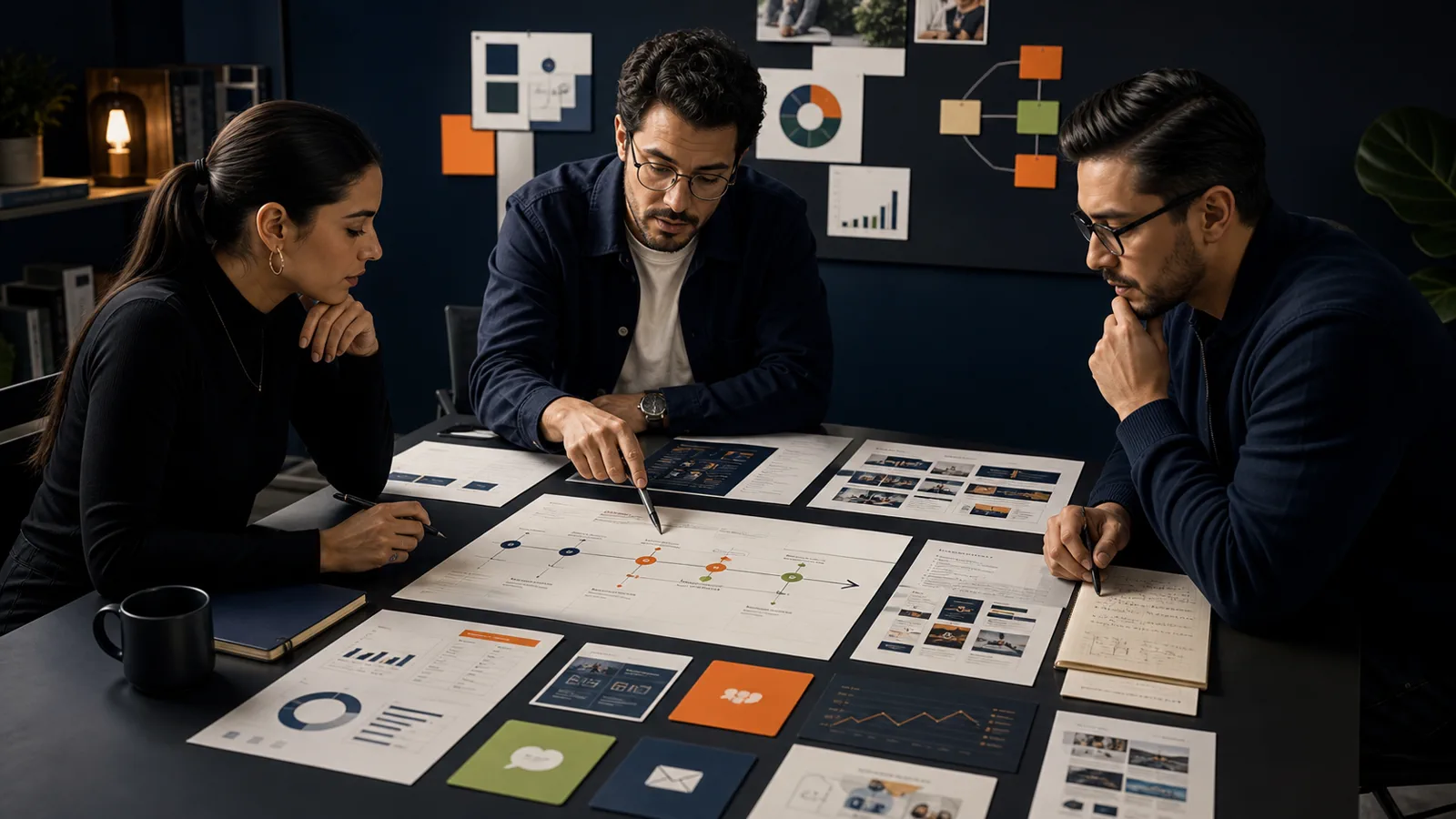 Equipo de estrategia analizando evidencias de marca, web, contenido, campañas y medición.
