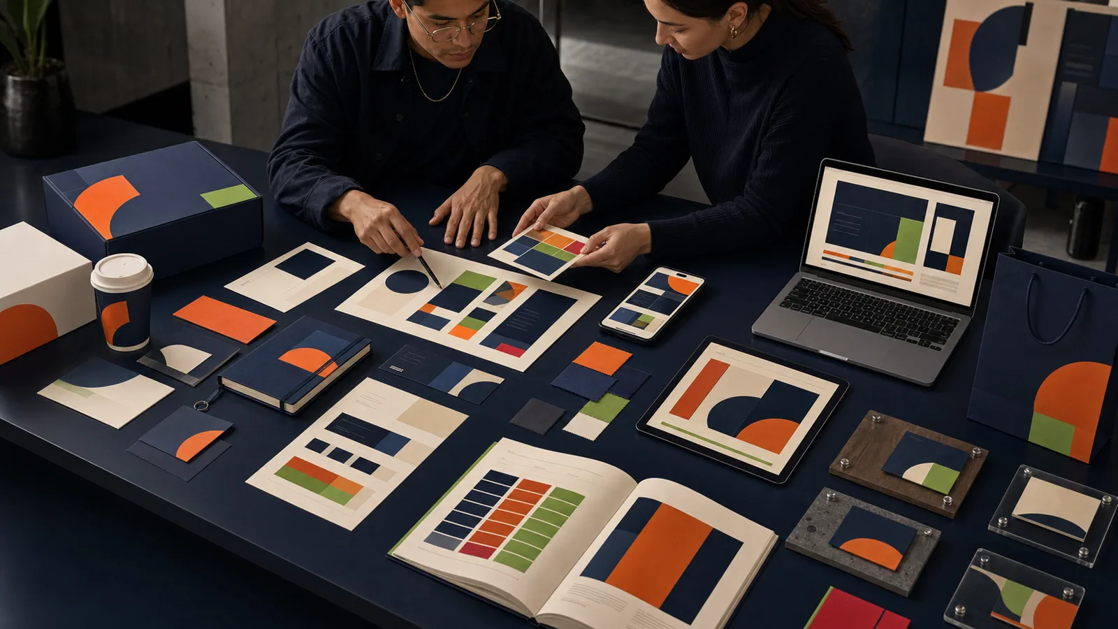Diseñadores revisando un sistema coherente de identidad visual aplicado en materiales físicos y digitales.