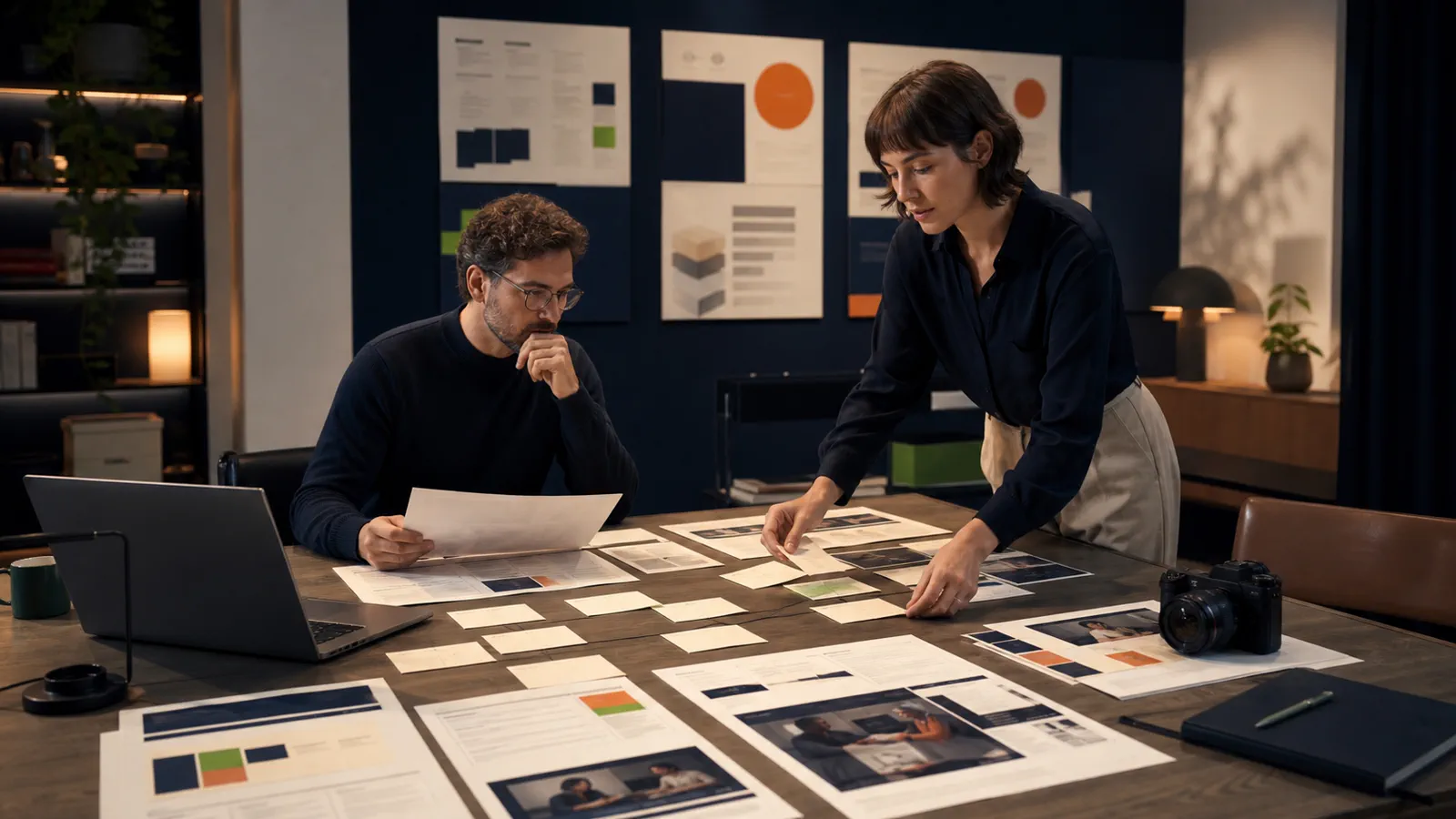 Equipo creativo organizando investigación, ideas, guiones y piezas editoriales para construir autoridad de marca.