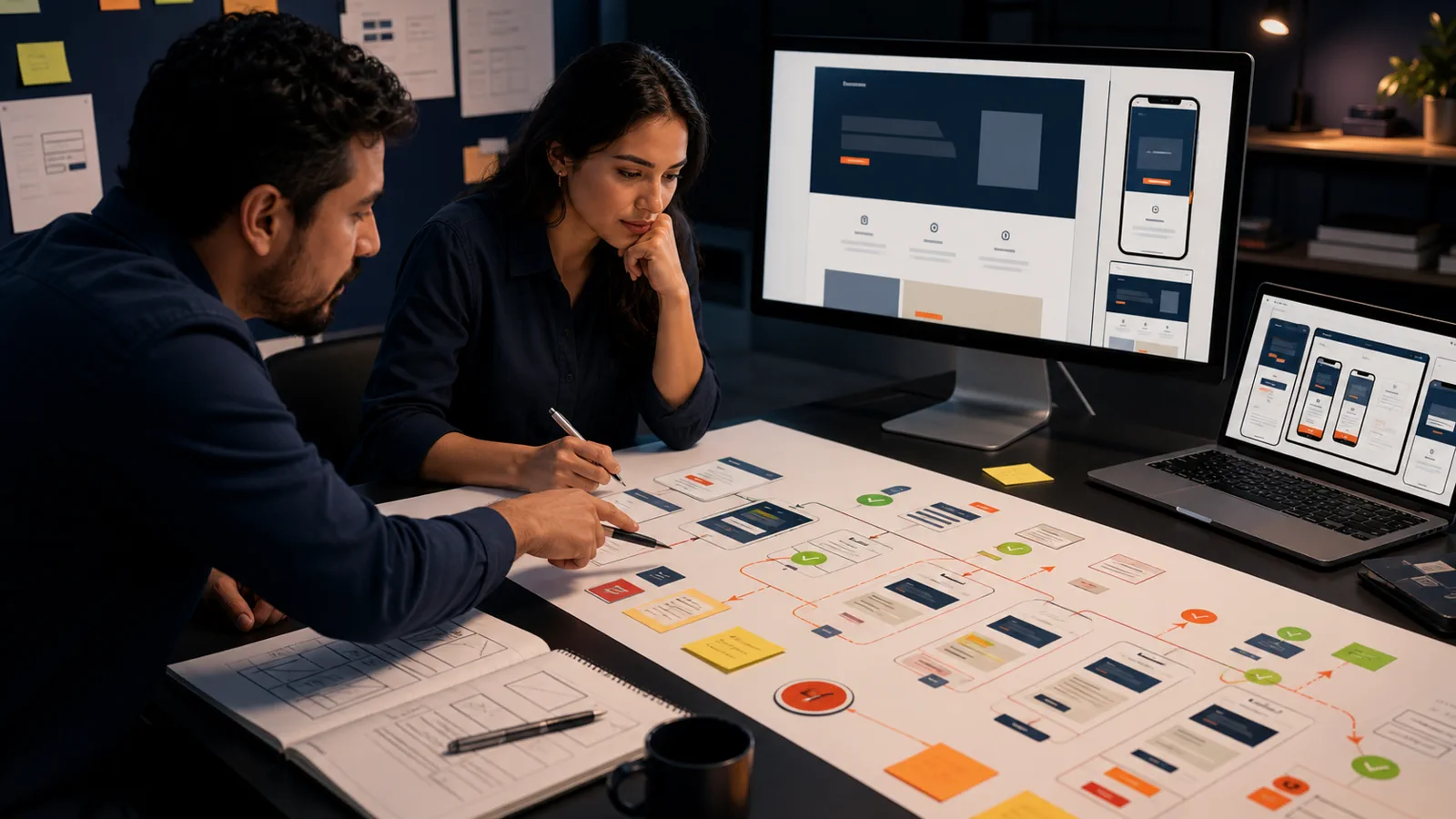 Equipo diseñando la arquitectura, experiencia y recorrido de conversión de un sitio web estratégico.
