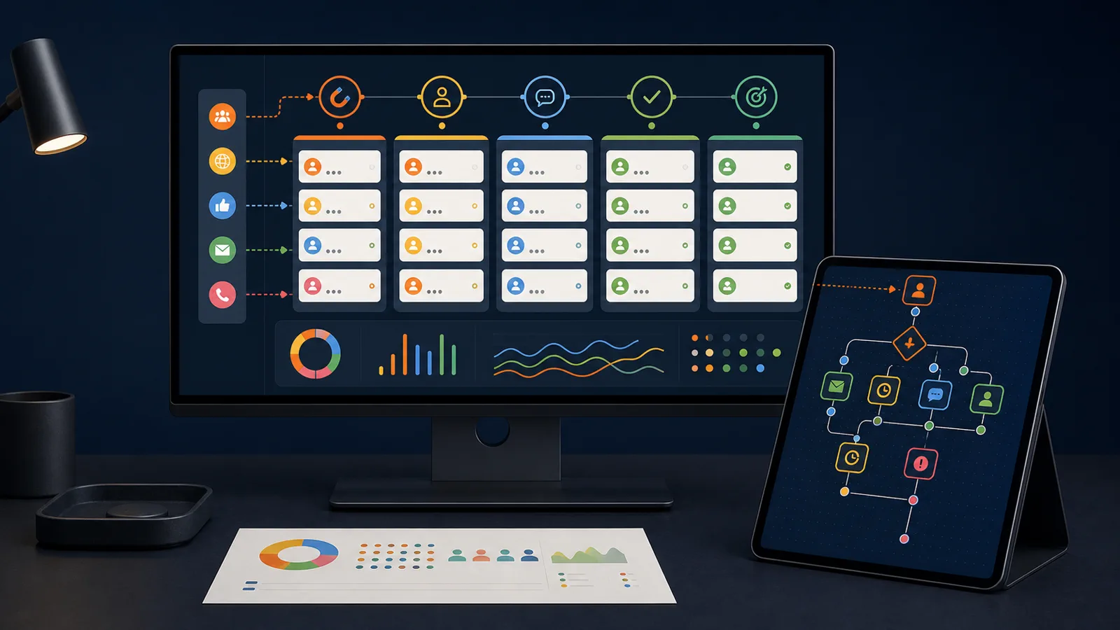 Sistema visual de CRM y automatización que conecta fuentes, etapas, seguimiento y resultados comerciales.
