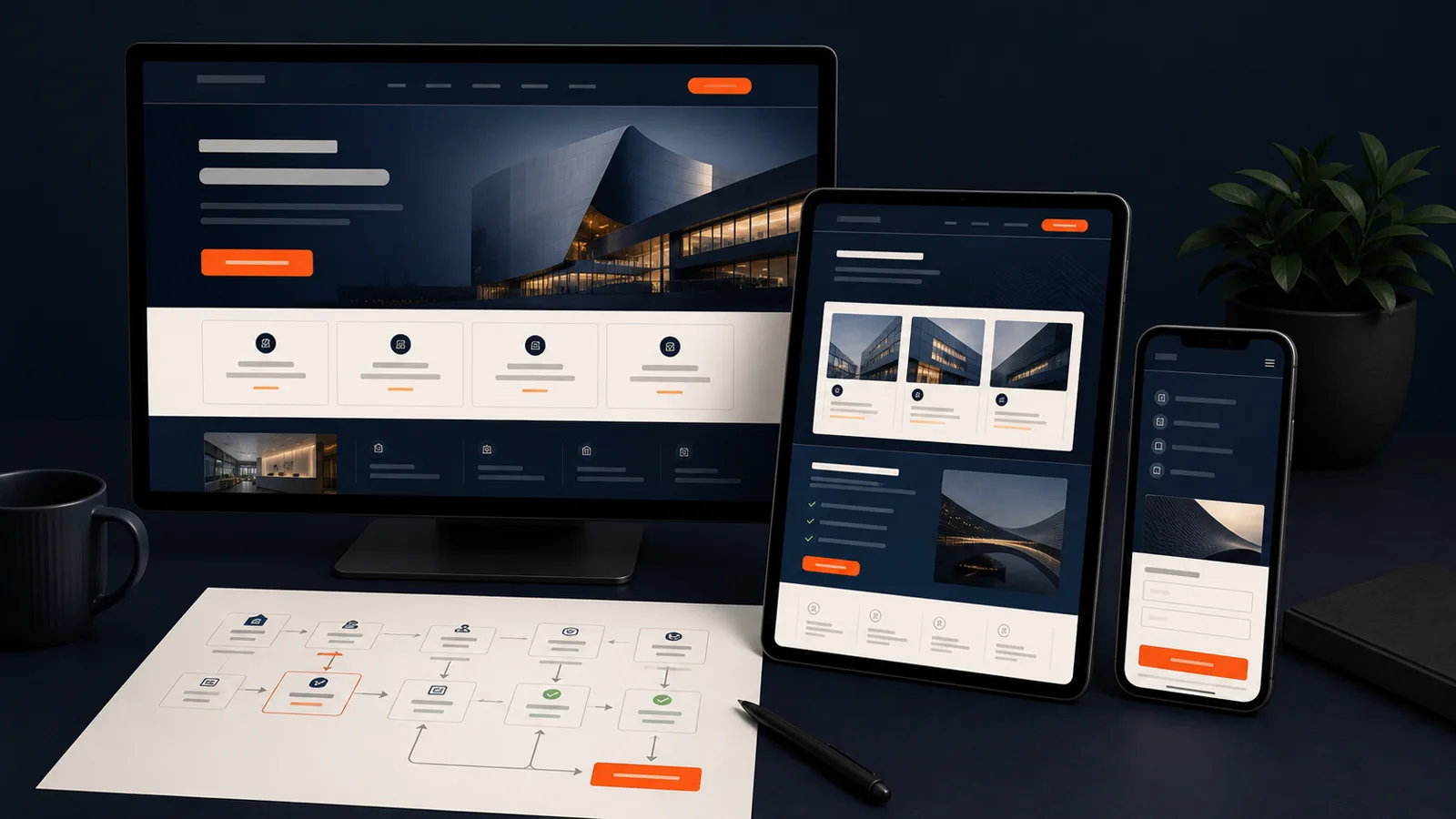 Sistema web responsive en escritorio, tableta y móvil con contenido, formularios y recorridos medibles.