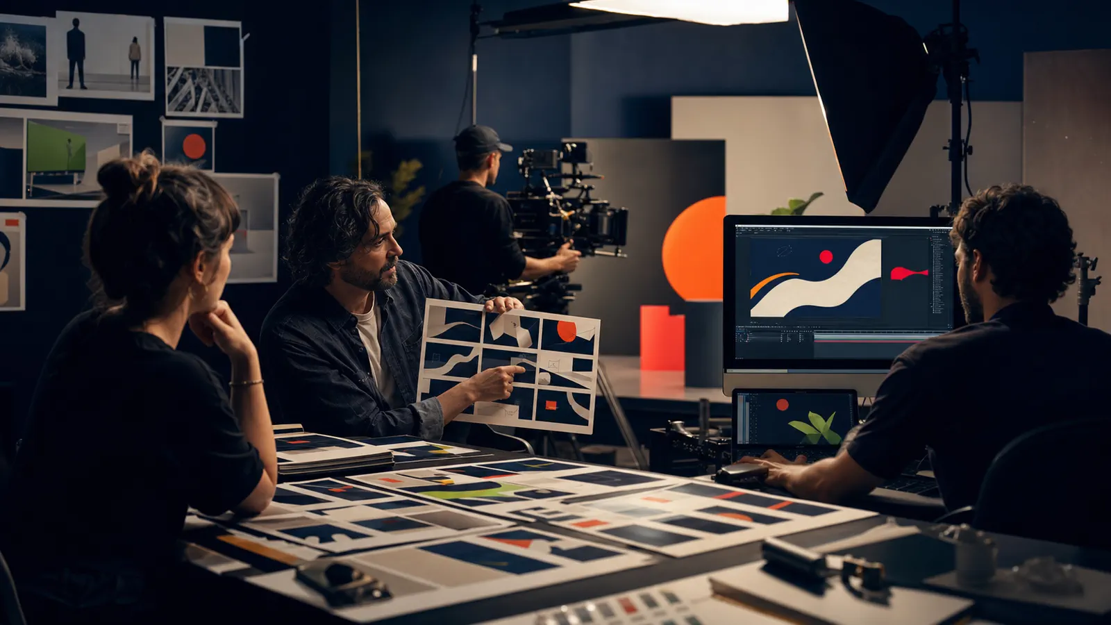 Equipo audiovisual conectando dirección, storyboard, cámara y motion graphics dentro de una producción estratégica.