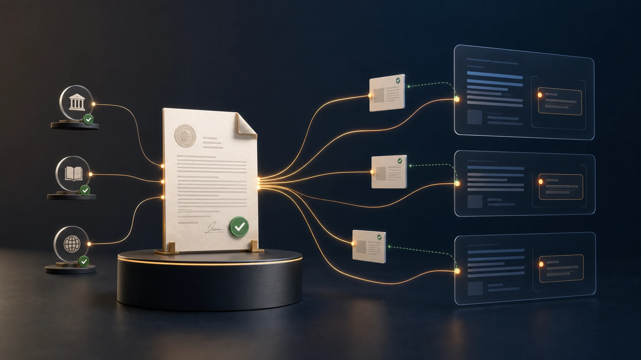Fuente confiable conectada con citaciones en respuestas de IA mediante documentos verificados, señales de autoridad y nodos de respuesta.