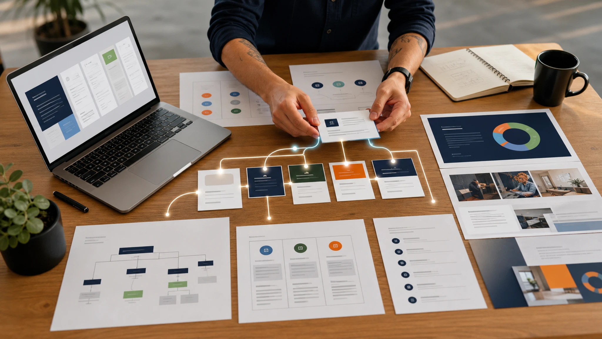 Mesa de estudio creativo con documentos de marca, mapas de servicios y contenido estructurado para que la IA entienda una empresa.