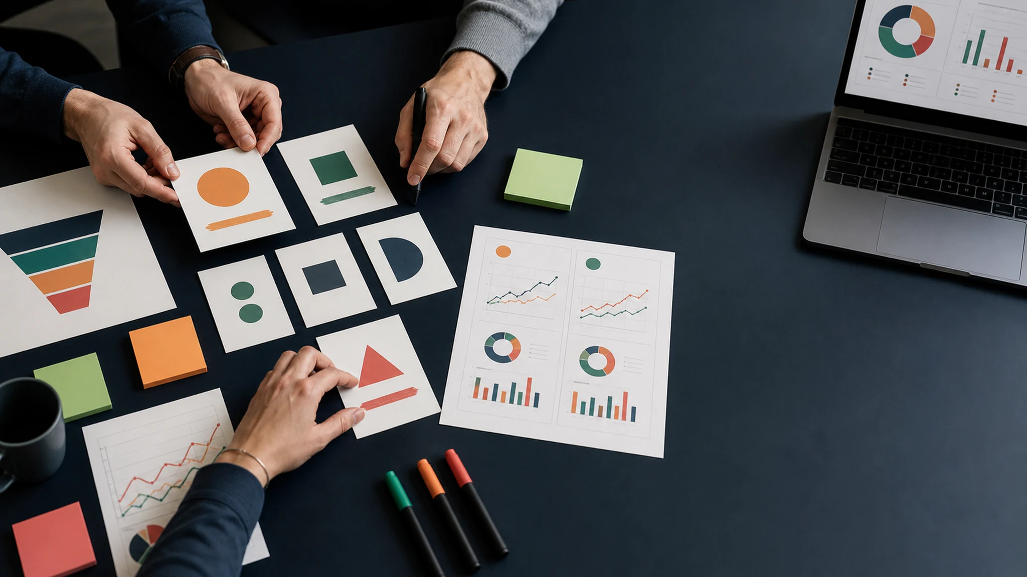 Equipo revisando tarjetas de experimentación, gráficos de crecimiento y resultados de marketing sobre una mesa estratégica.