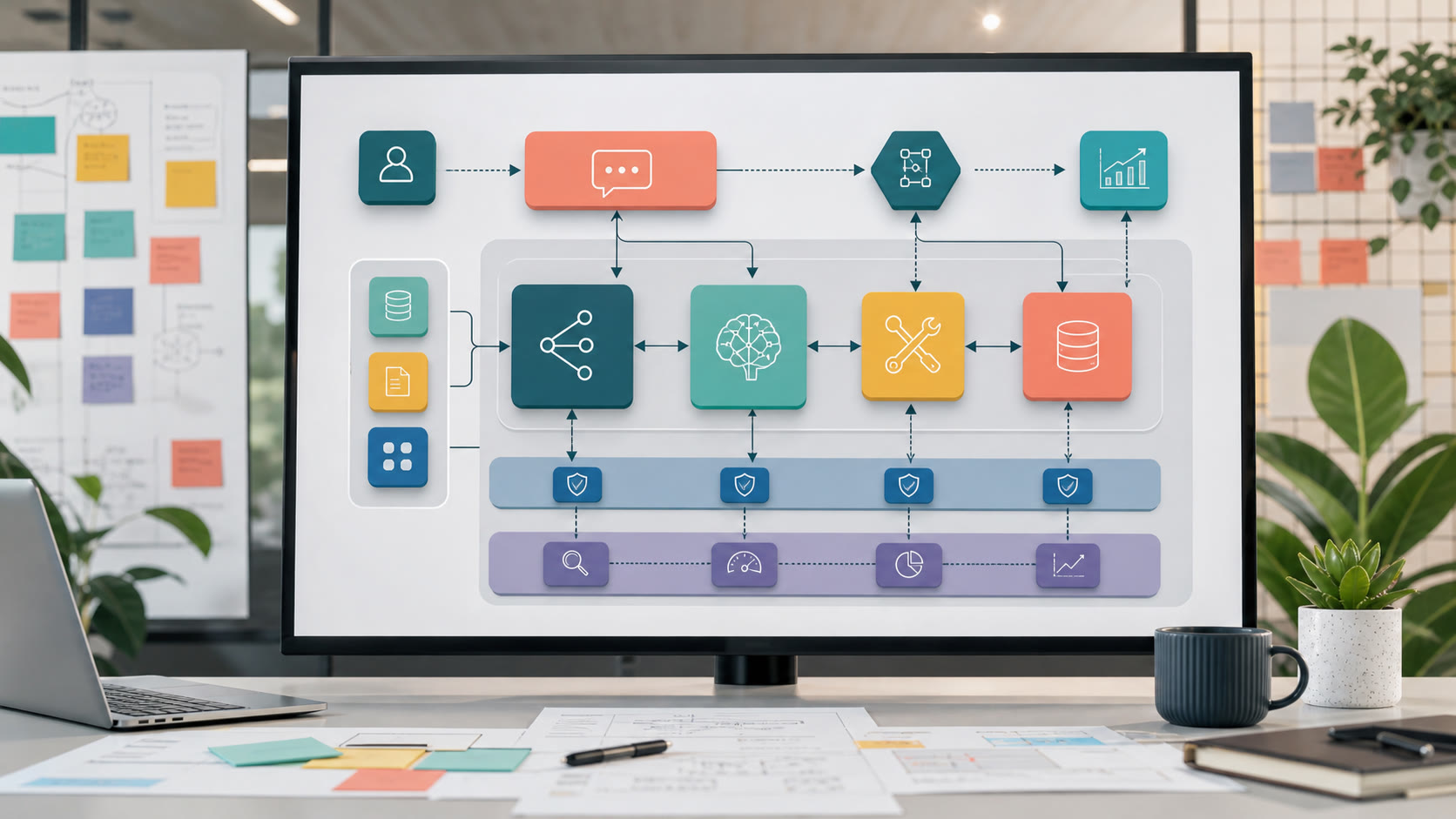 Diagrama de arquitectura modular para una app agentica con modelo de IA, herramientas, datos y guardrails