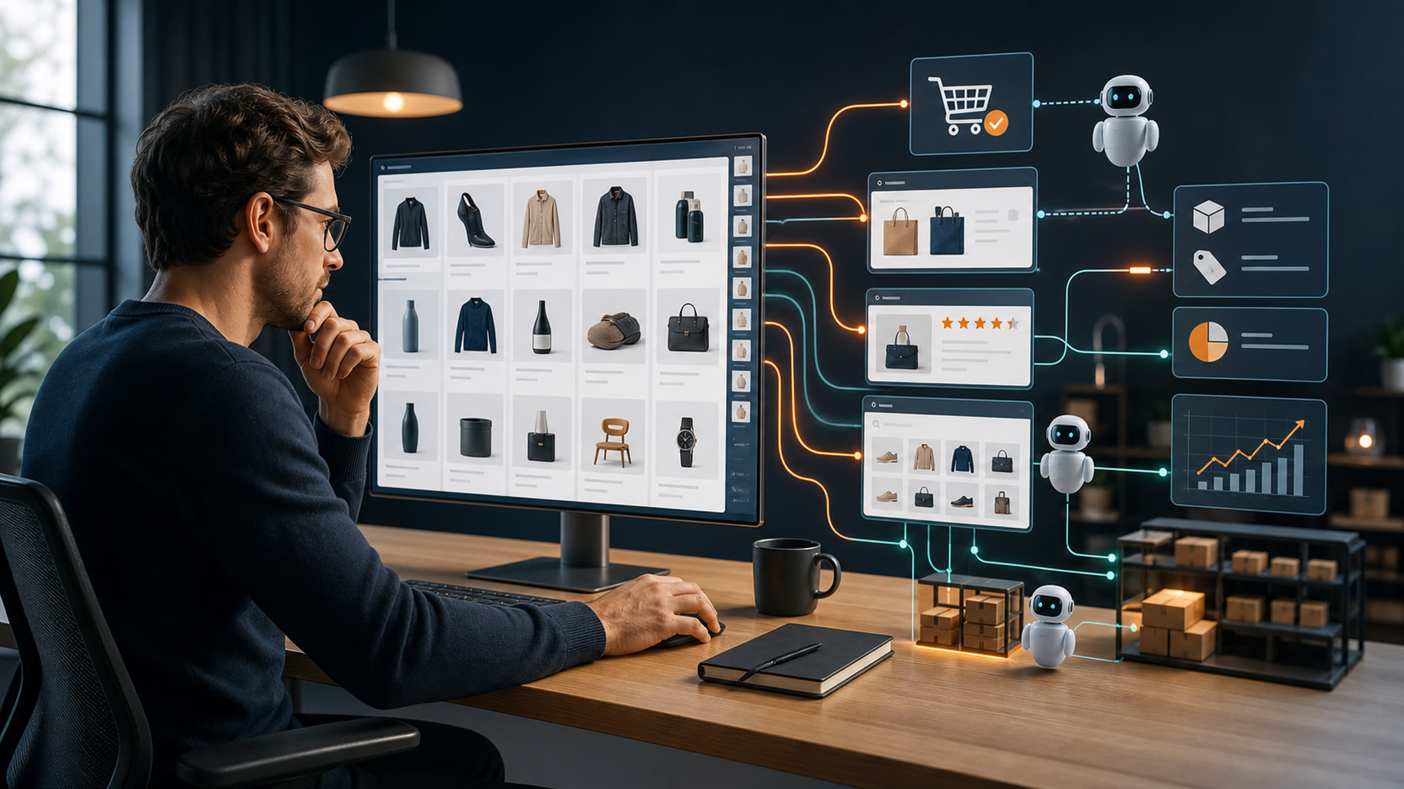 Estratega de ecommerce revisando catálogo de productos, señales de compra y agentes de IA para SEO de ecommerce