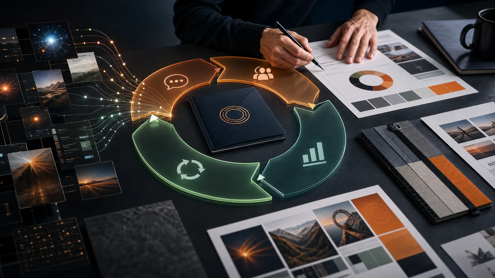 Estratega guiando un sistema circular de marketing con IA, datos y criterio humano para representar Loop Marketing.
