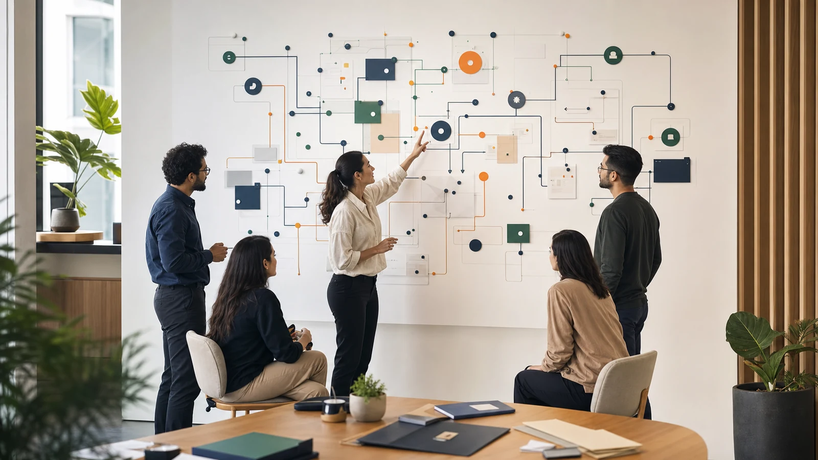 Equipo de estrategia frente a un mapa de flujos conectados que representa IA como sistema operativo de trabajo