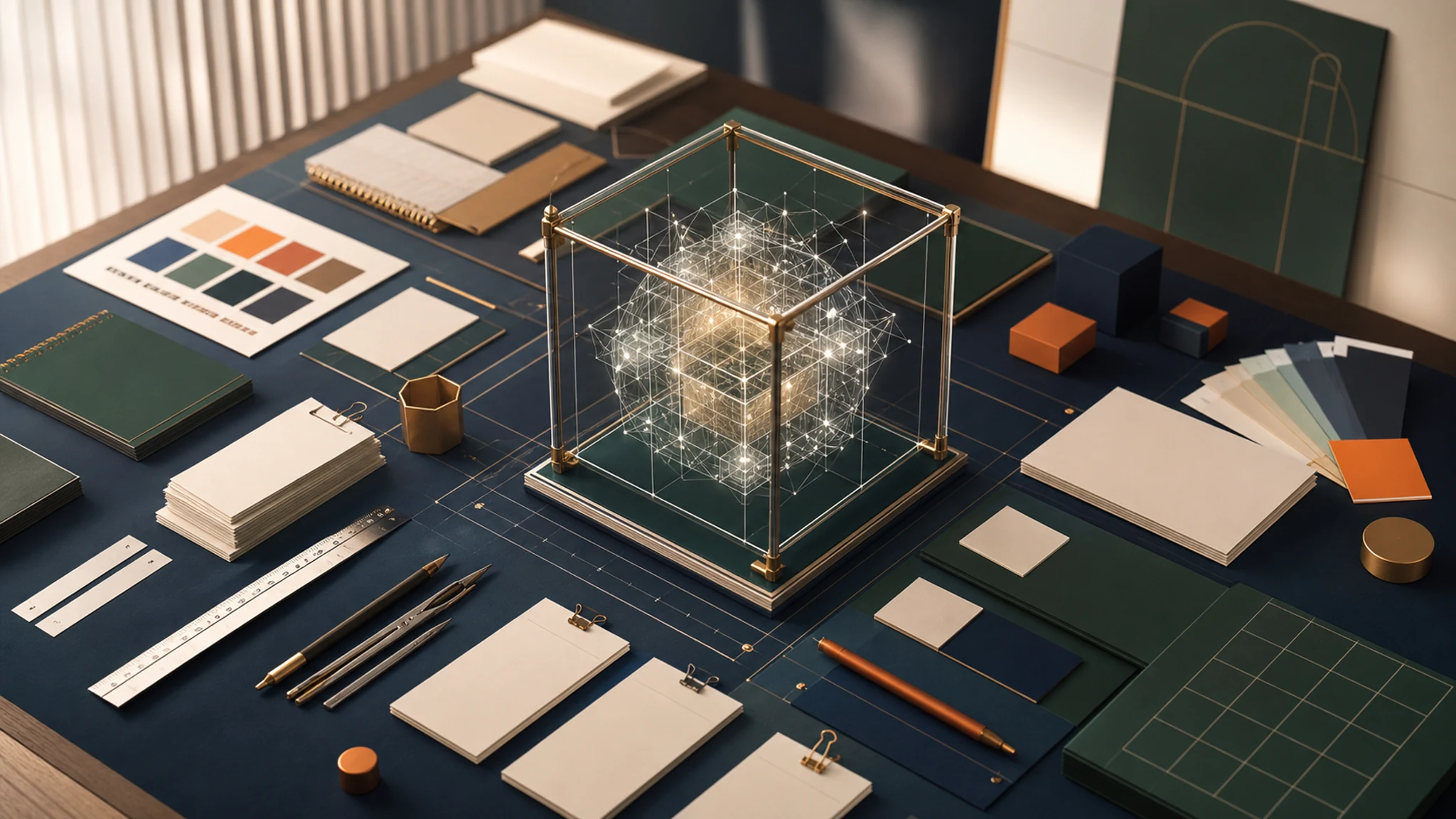 Sistema de inteligencia artificial contenido por límites visuales, briefs, reglas y criterios de calidad en una mesa de estrategia creativa.