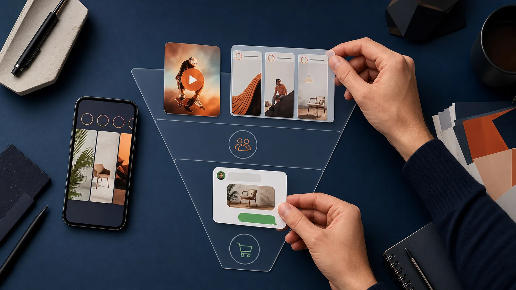 Estratega organizando un embudo visual de contenido con Reels, Stories y mensajes directos para Instagram.