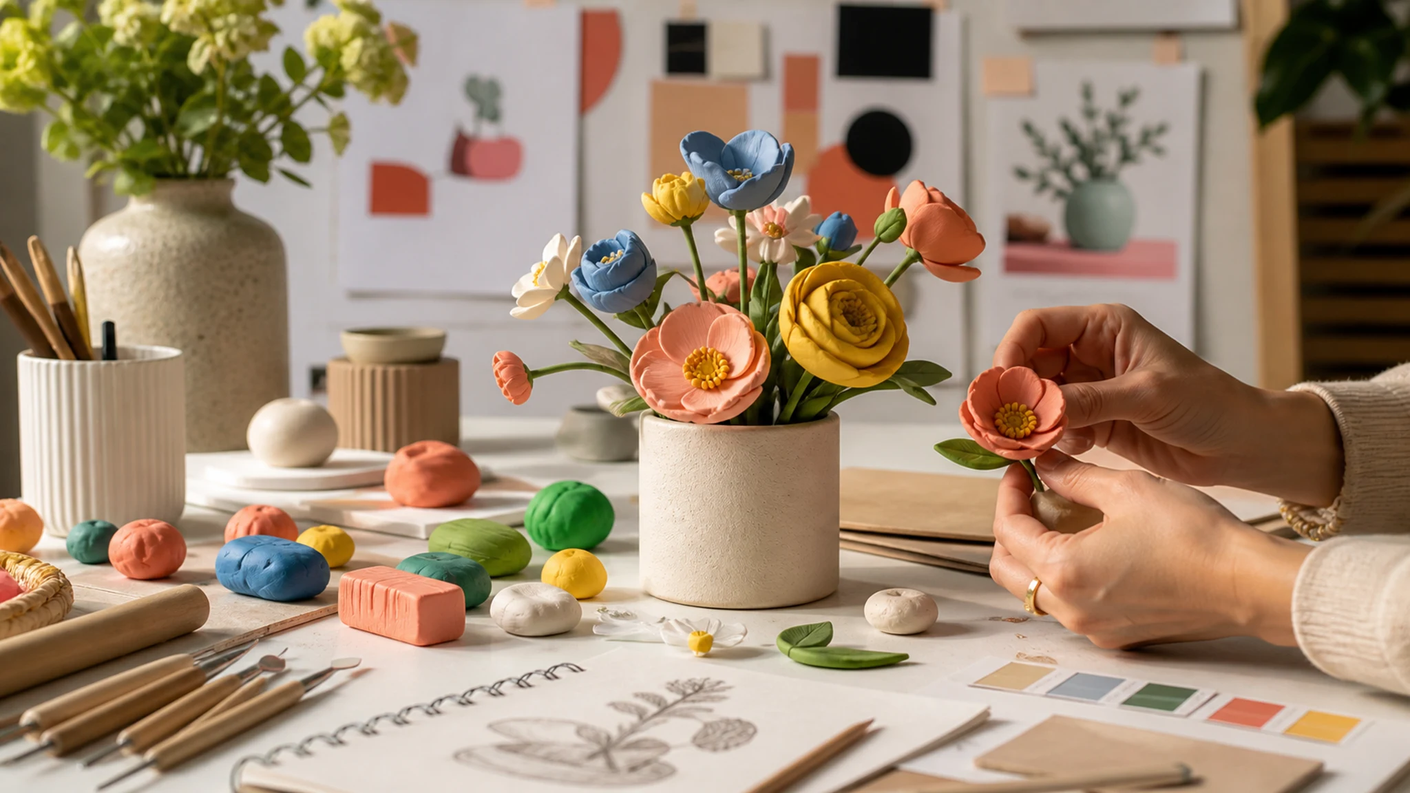 Flores hechas con arcilla de colores en una mesa creativa para representar kidulting, diseño de producto y decisiones de negocio