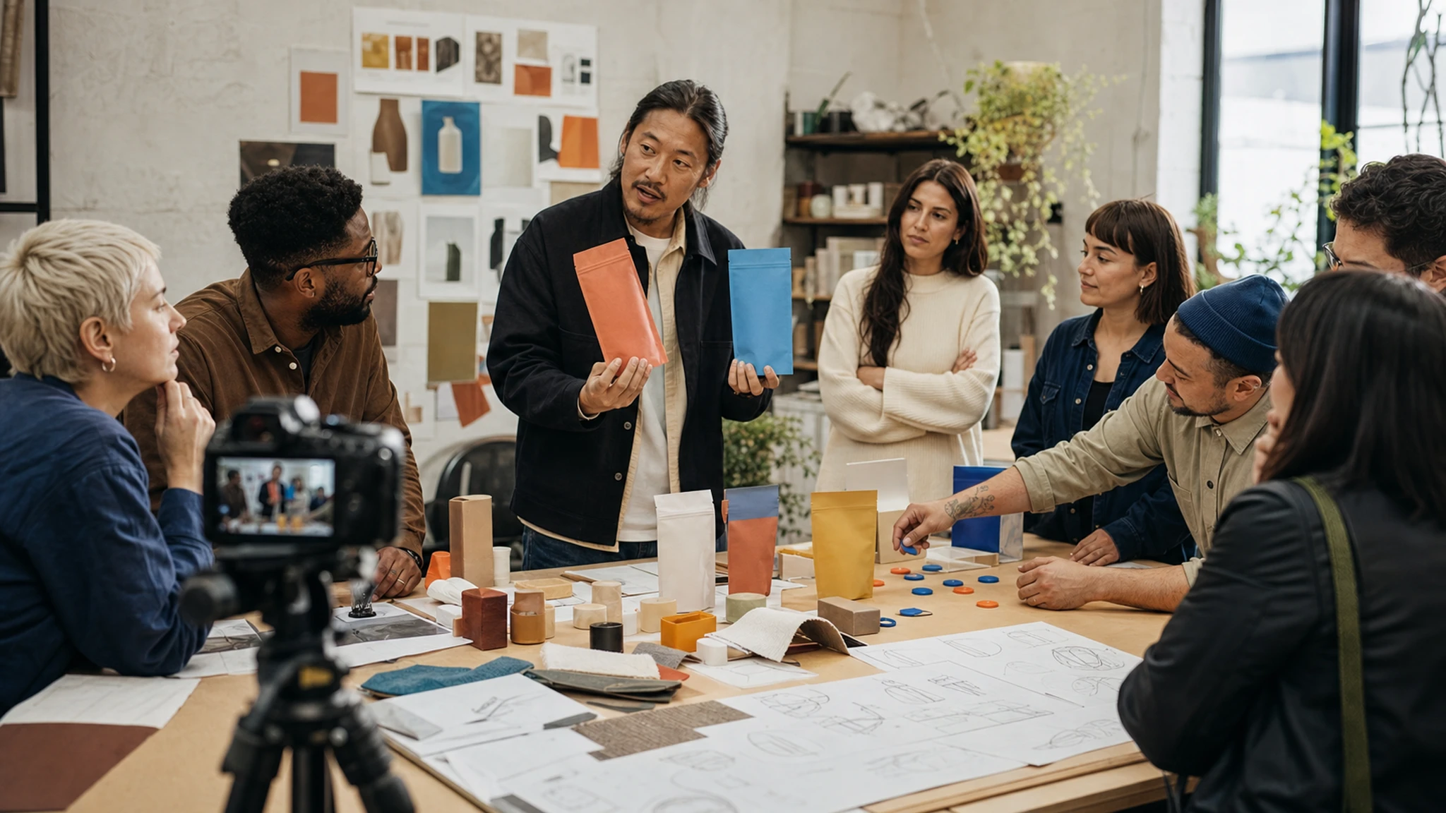 Equipo de una marca documentando el desarrollo de un producto mientras una comunidad participa alrededor de la historia.