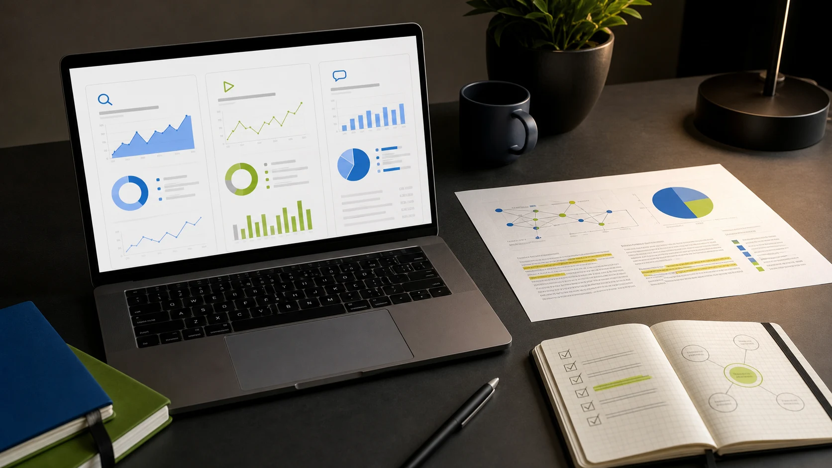 Escena editorial con analítica de búsqueda, canales sociales, citaciones y un checklist de calidad de contenido con IA.