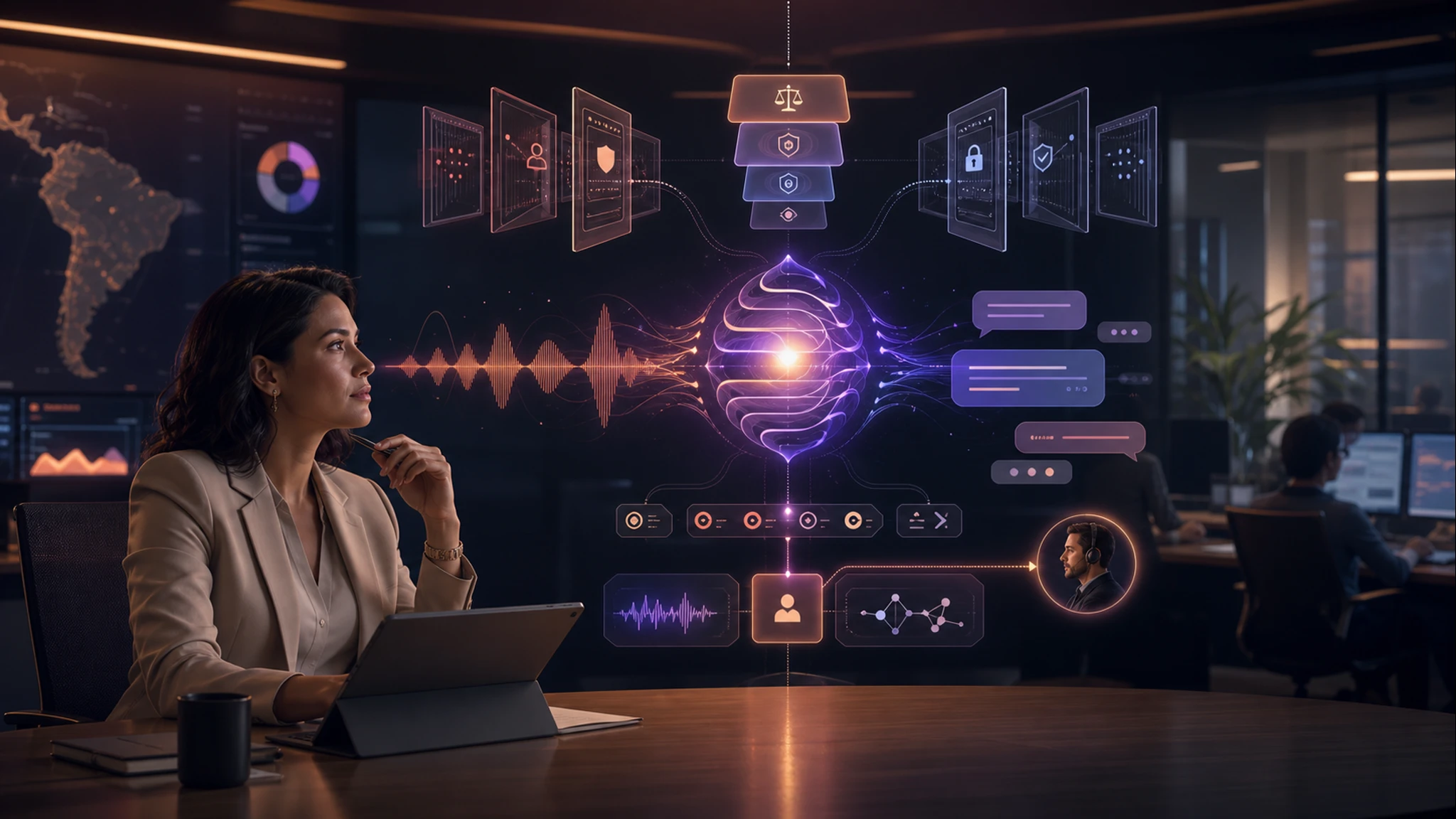 Agente empresarial de inteligencia artificial coordinando voz, chat, políticas y escalamiento humano en un centro de operaciones.