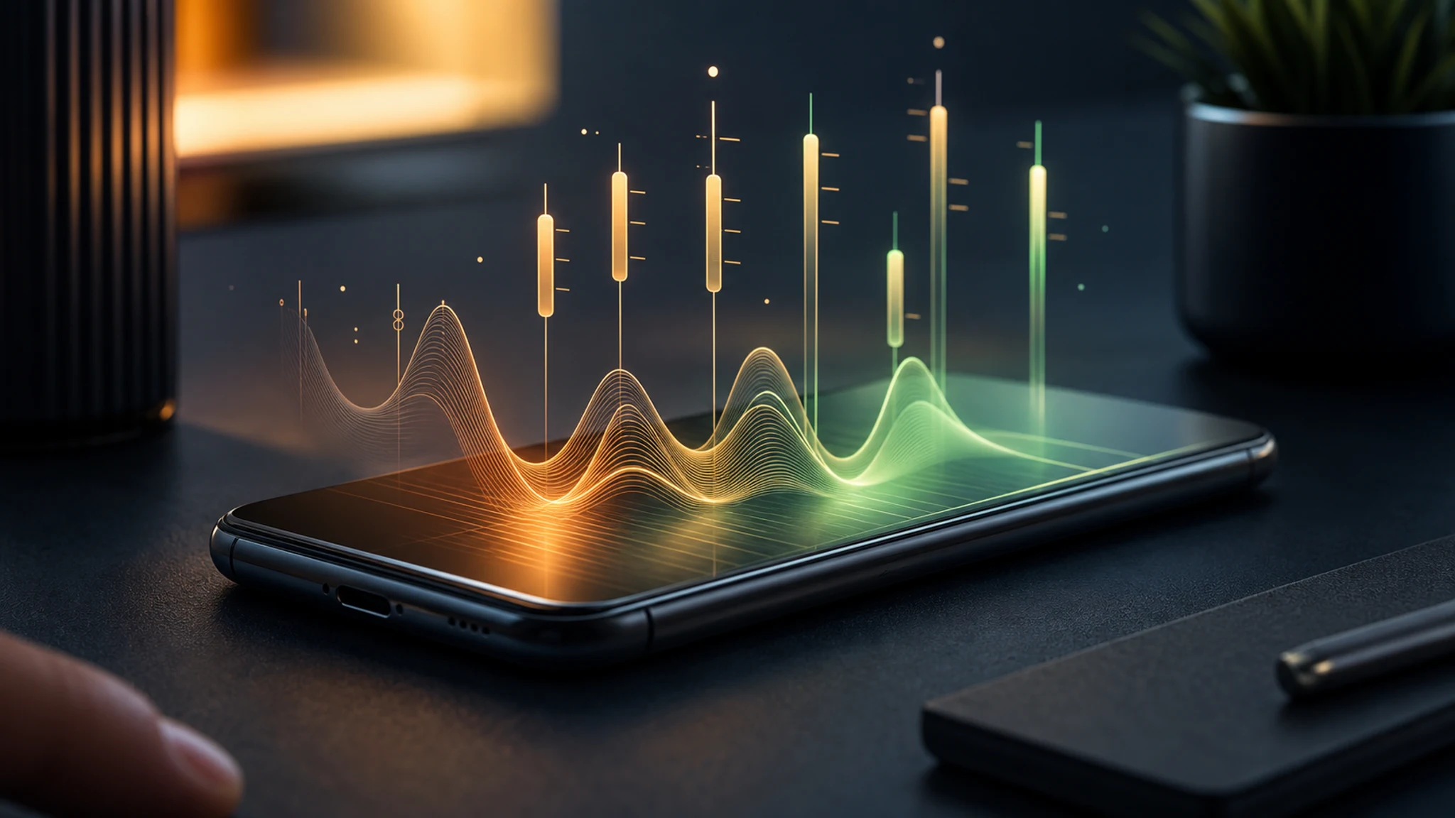 Smartphone con ondas de voz y controles de ritmo que representan la voz como interfaz configurable en asistentes con IA.