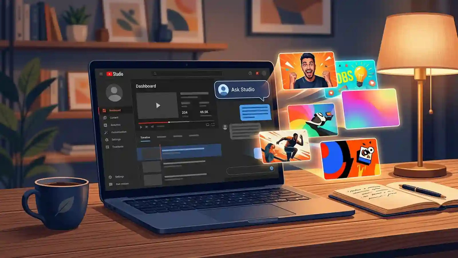 Interfaz de YouTube Studio con Ask Studio generando miniaturas con IA para videos y Shorts
