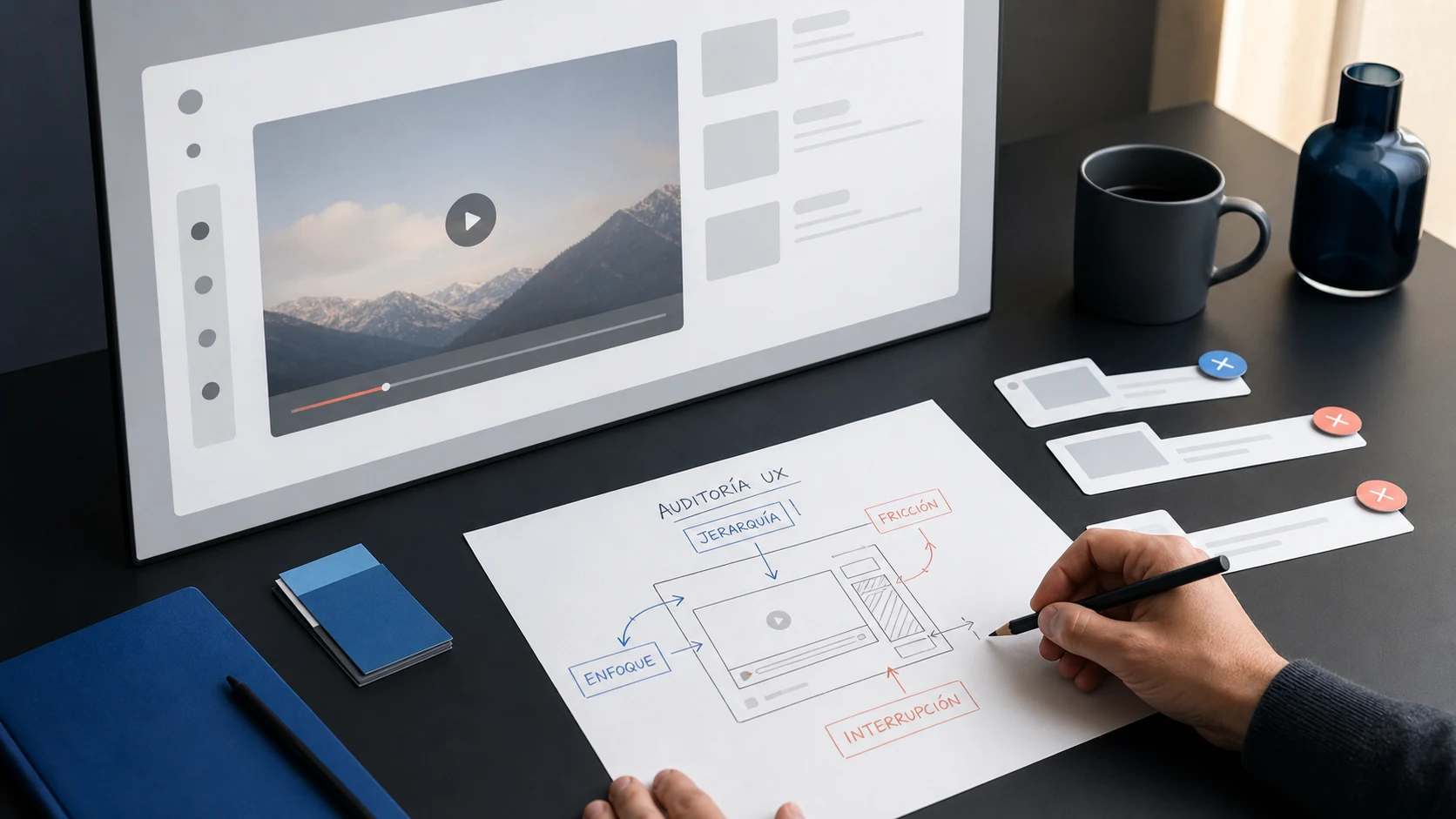 Auditoría UX de una plataforma de vídeo con una interfaz simplificada, acciones secundarias retiradas y un mapa de jerarquía y fricción.