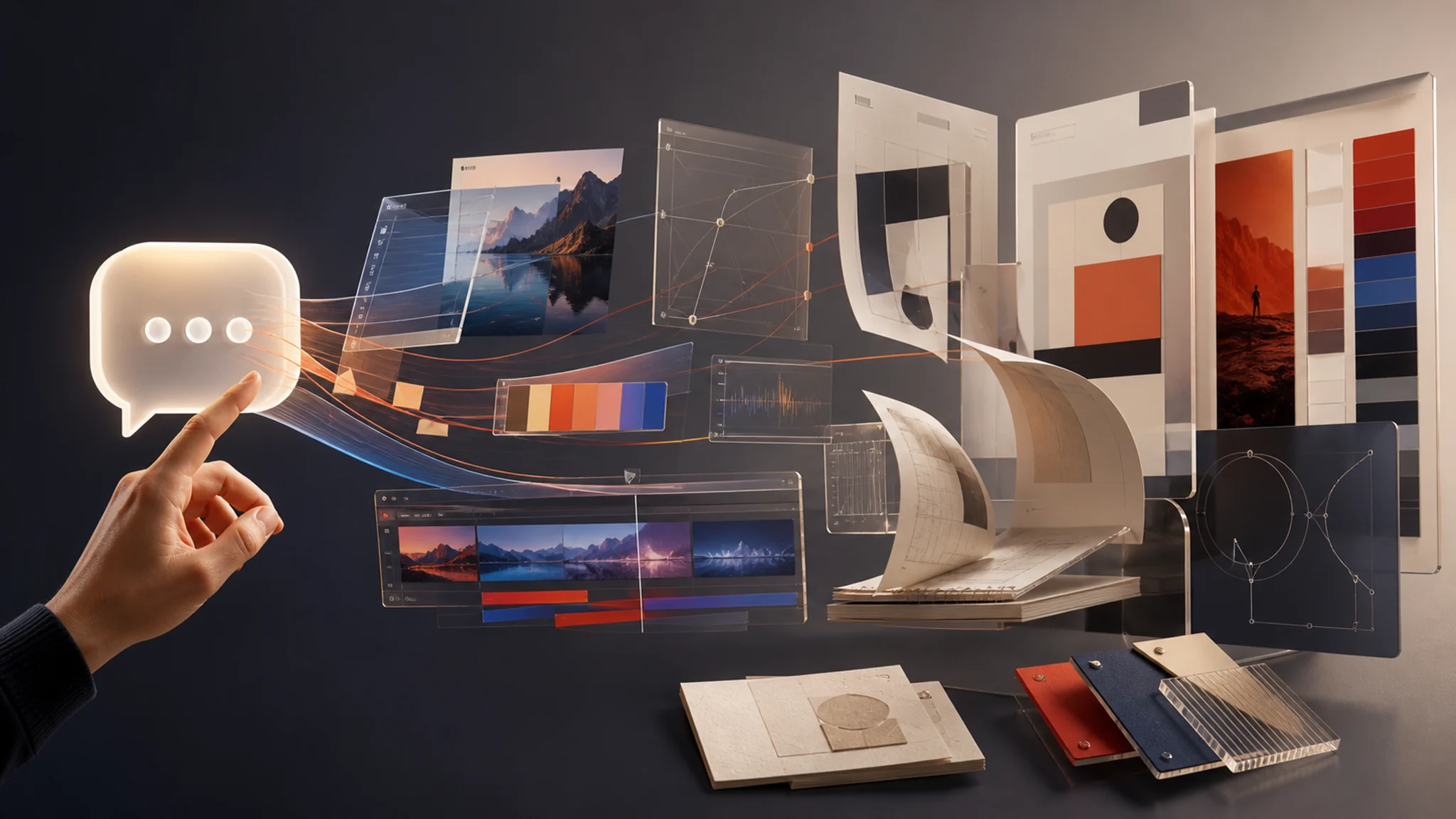 Una conversación se transforma en capas, video, color, vectores y documentos dentro de un espacio creativo