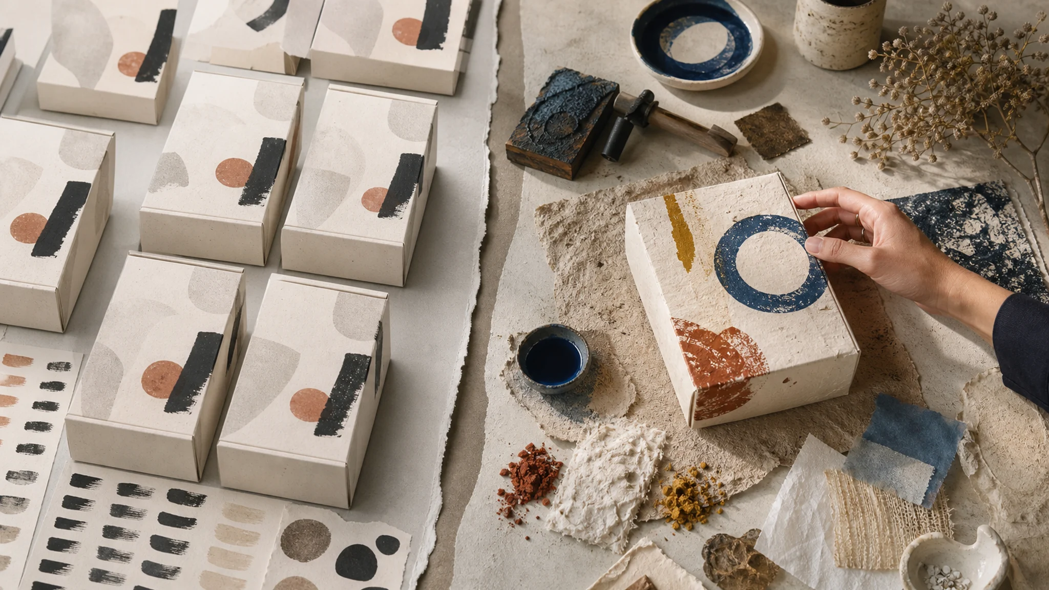 Mesa de diseño con empaques artesanales repetitivos a un lado y una propuesta distintiva creada con materiales reales al otro