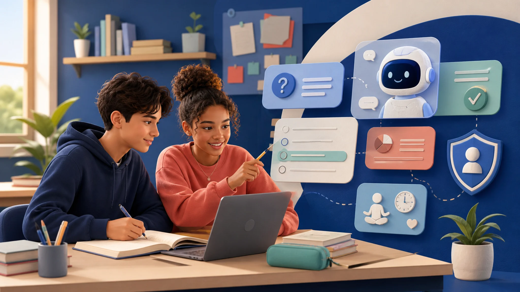 Dos adolescentes estudian con una interfaz de inteligencia artificial que muestra preguntas, protección y recordatorios de uso saludable