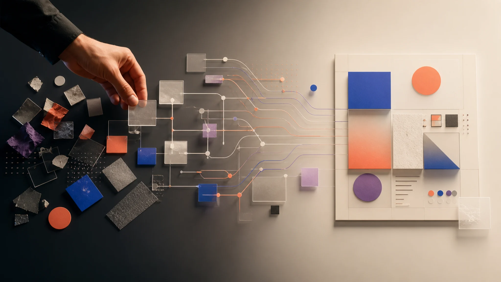 Una mano humana dirige módulos y conexiones de un sistema de diseño asistido por inteligencia artificial