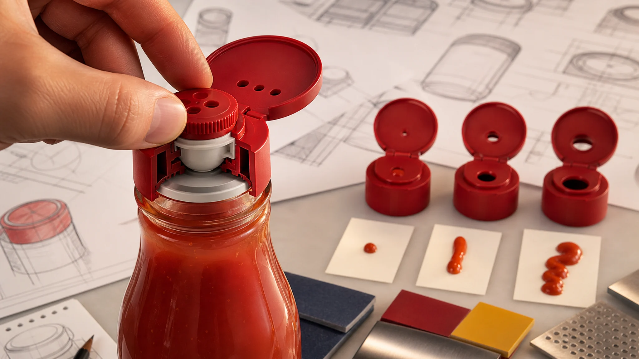 Prototipo de una tapa ajustable con tres niveles de flujo sobre una mesa de diseño industrial