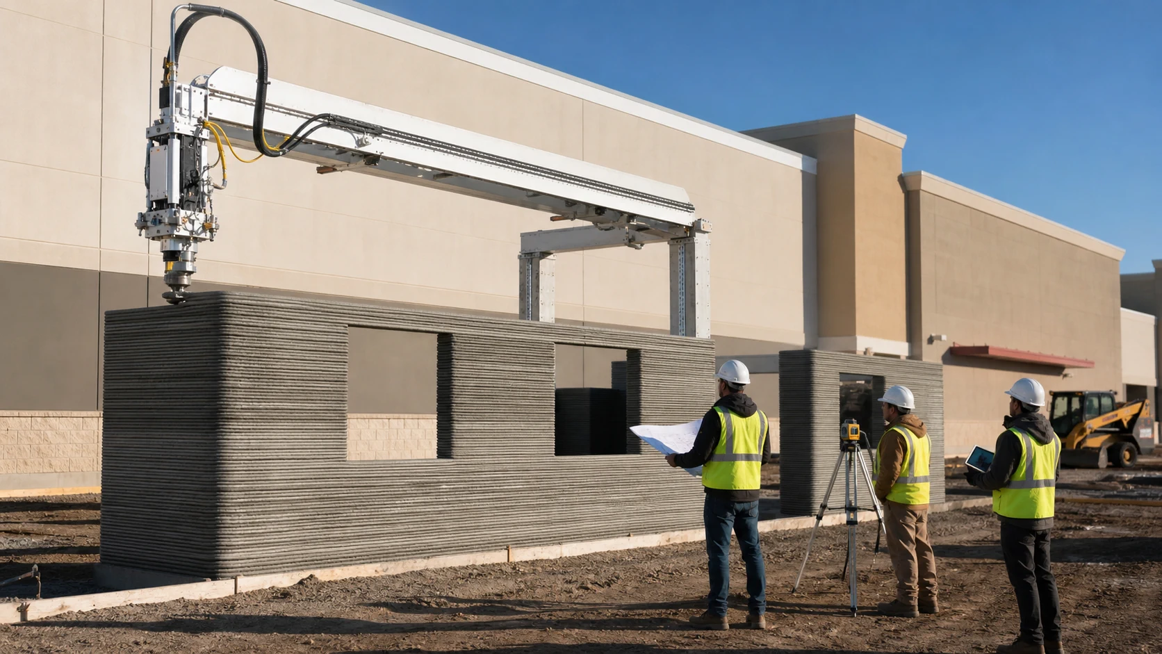 Equipo de construcción supervisa una impresora 3D de concreto mientras forma los muros de una ampliación comercial