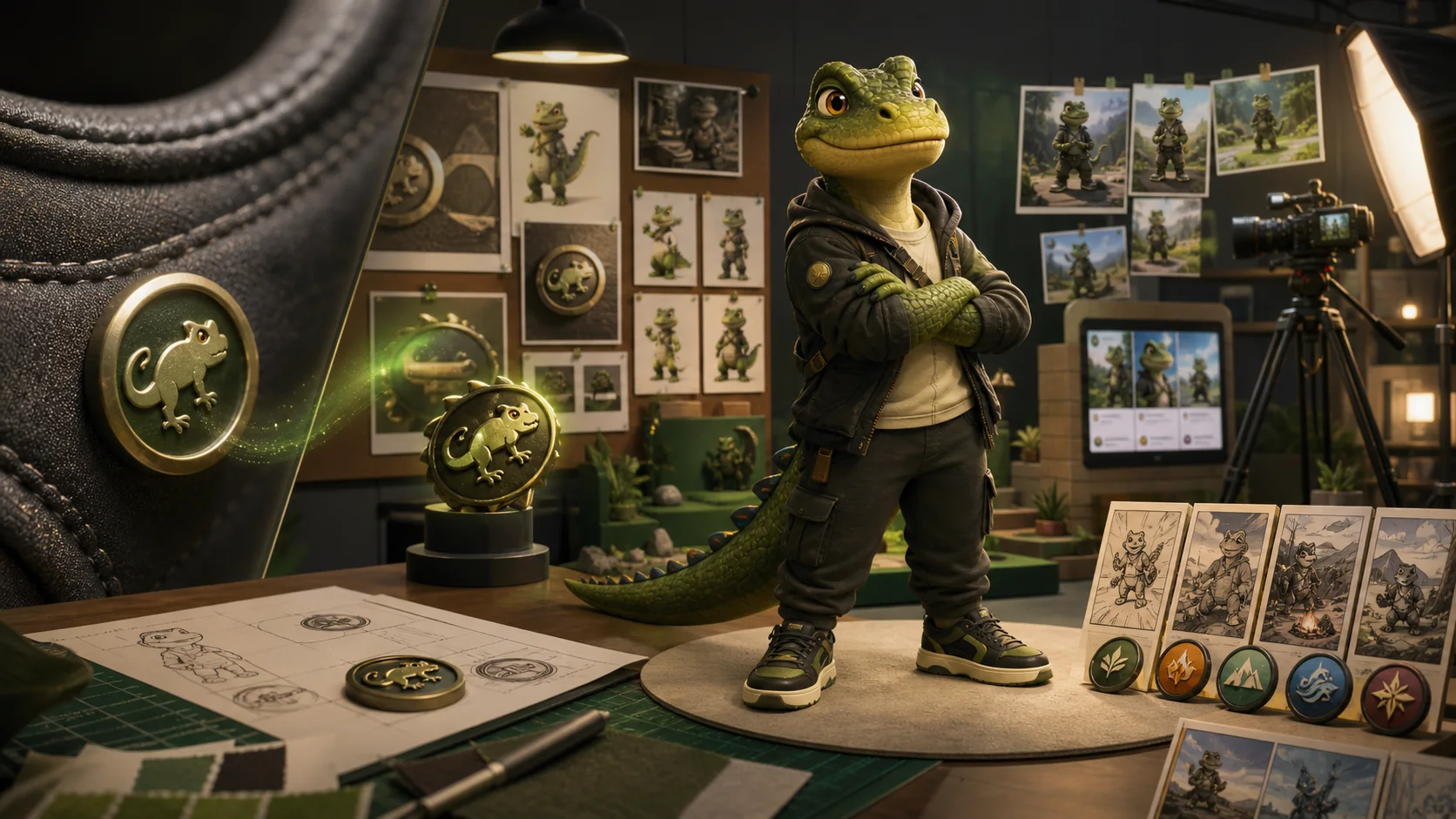 Mascota reptil original desarrollada desde un pequeño emblema de producto dentro de un estudio creativo
