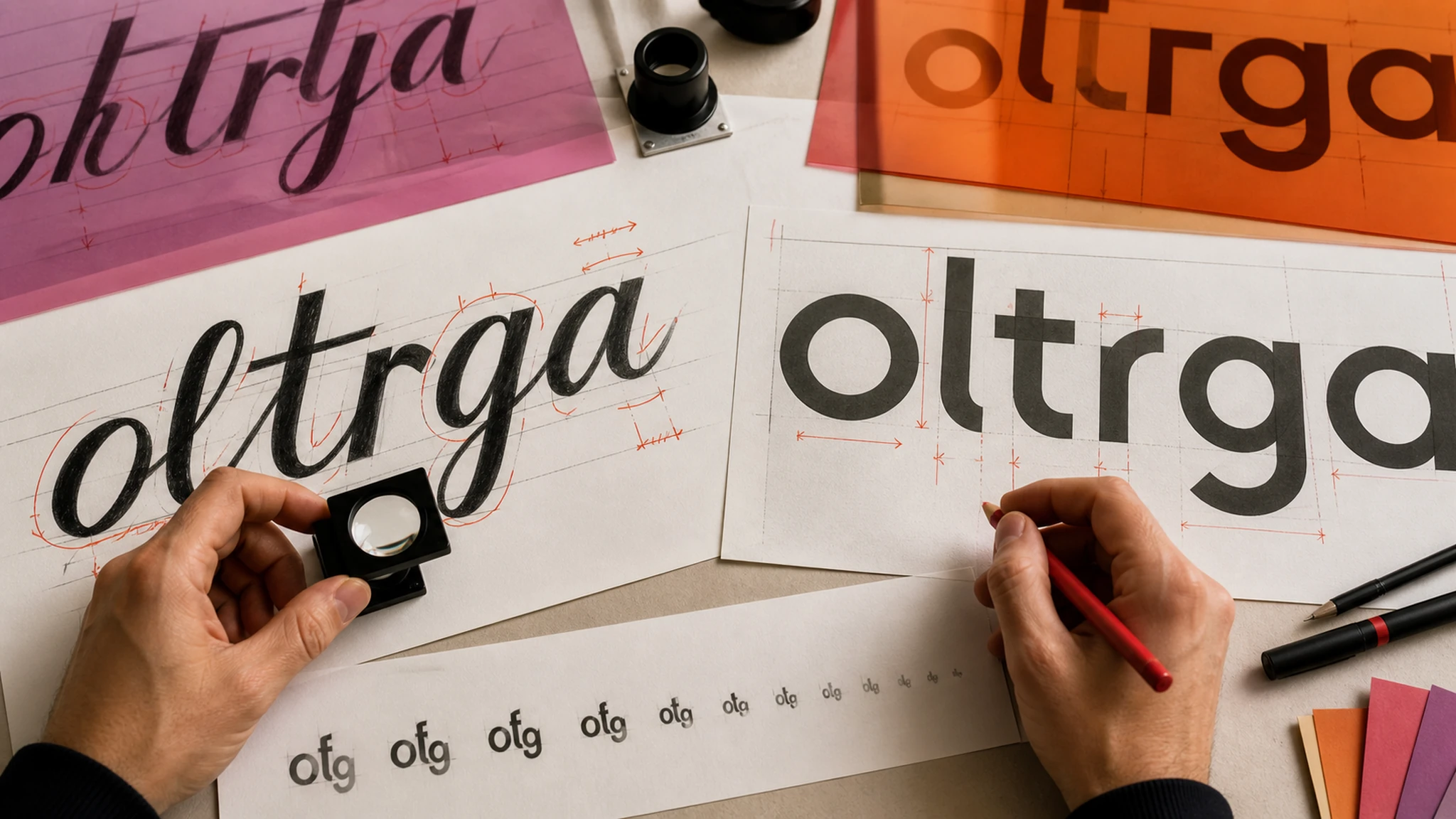 Manos de un diseñador comparan pruebas tipográficas cursivas y sans serif para evaluar la legibilidad de un nuevo wordmark