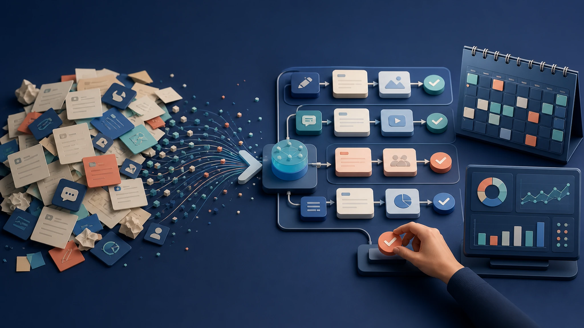 Sistema visual de contenido con IA que conecta contexto, procesos, revisión humana y medición.
