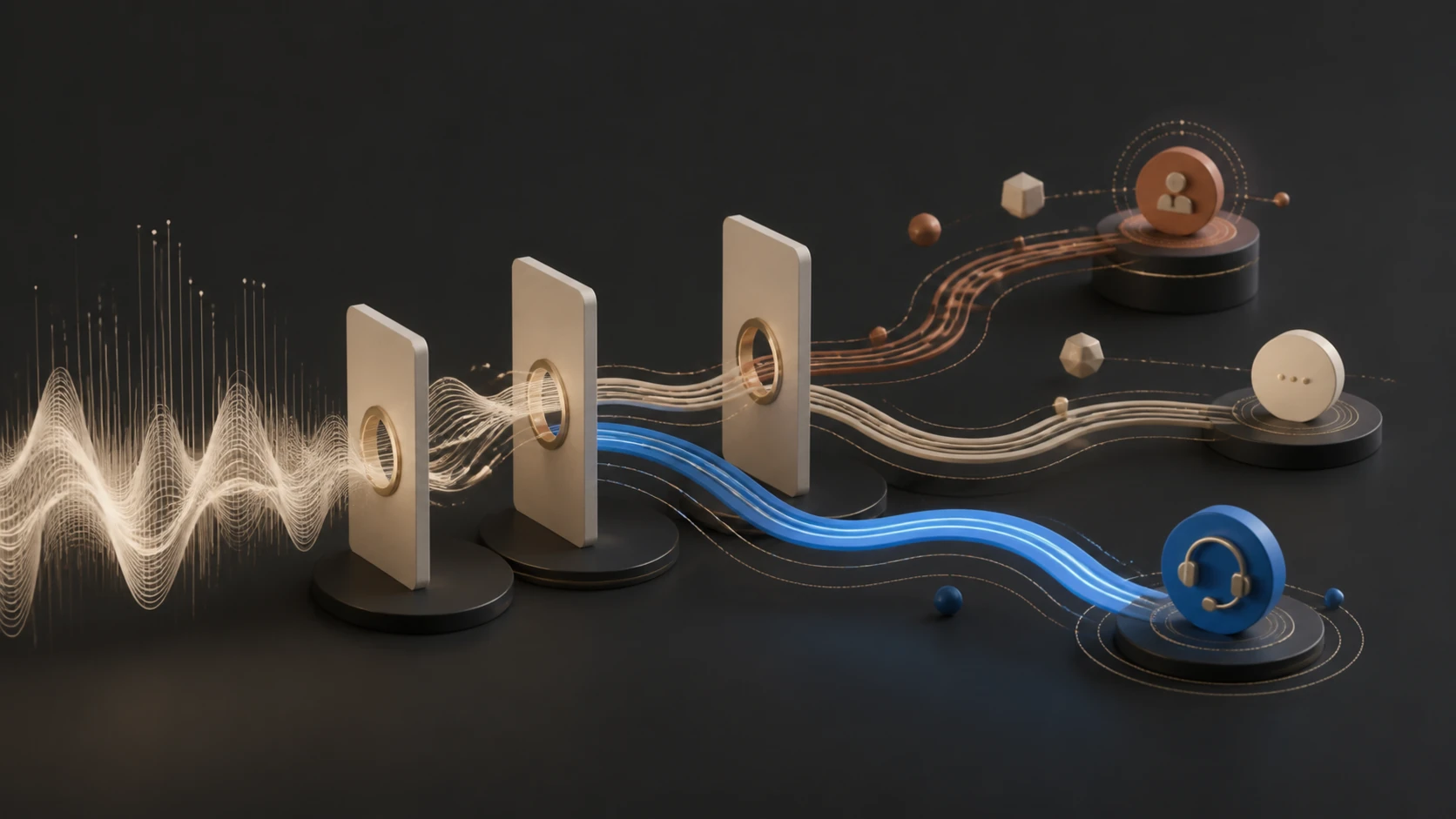 Ilustración abstracta de ondas de voz que atraviesan puntos de prueba y una ruta de escalamiento humano