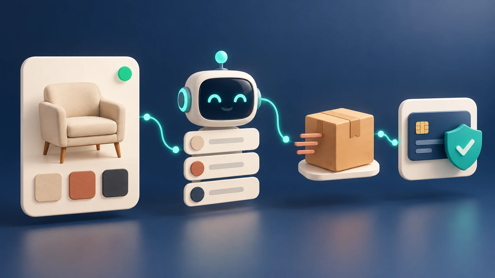 Ilustración editorial de un catálogo de ecommerce conectado a variantes, inventario, entrega y pago seguro.